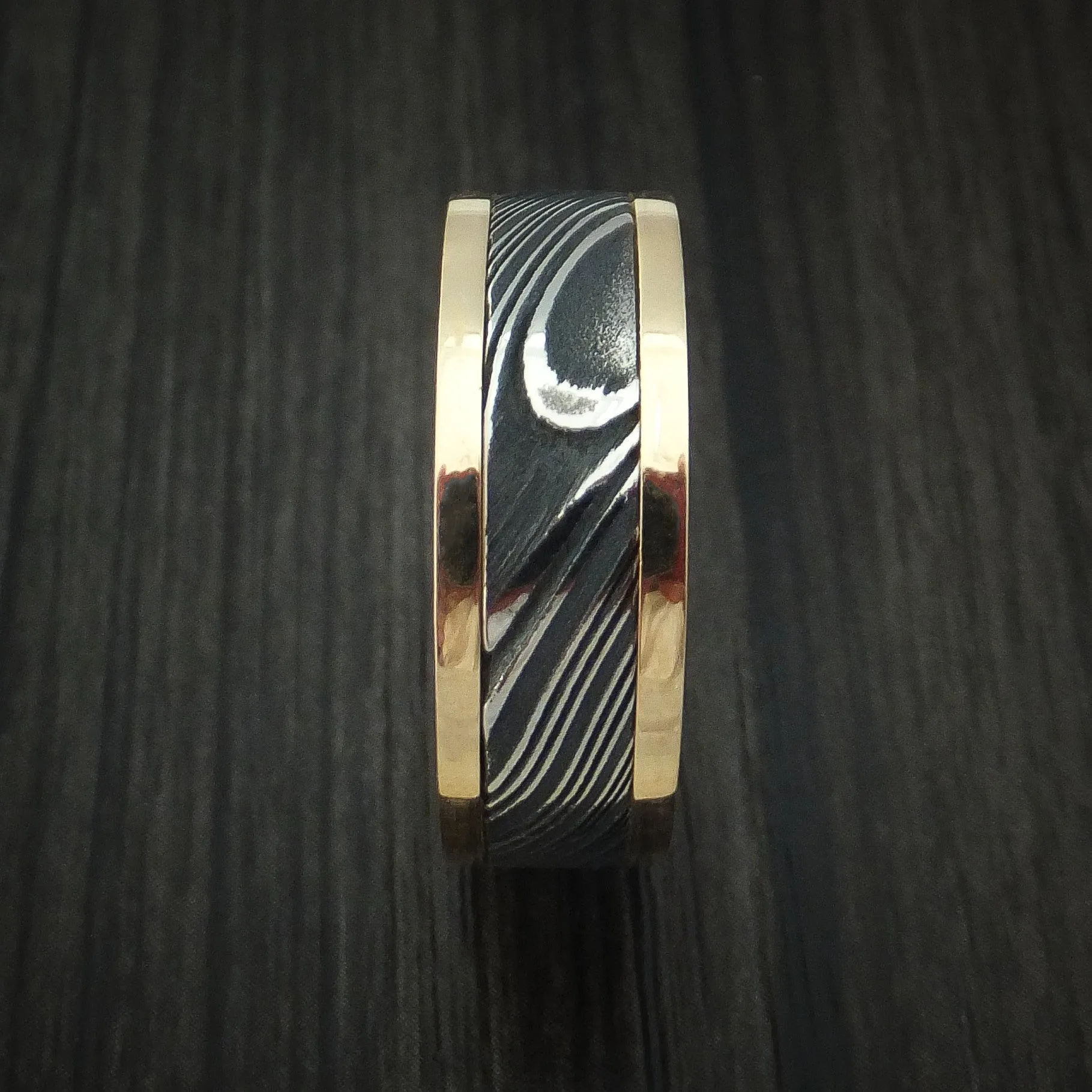 14K Yellow Gold and Kuro Damascus Steel Eternity Black Diamond Men's Ring Custom Made Band