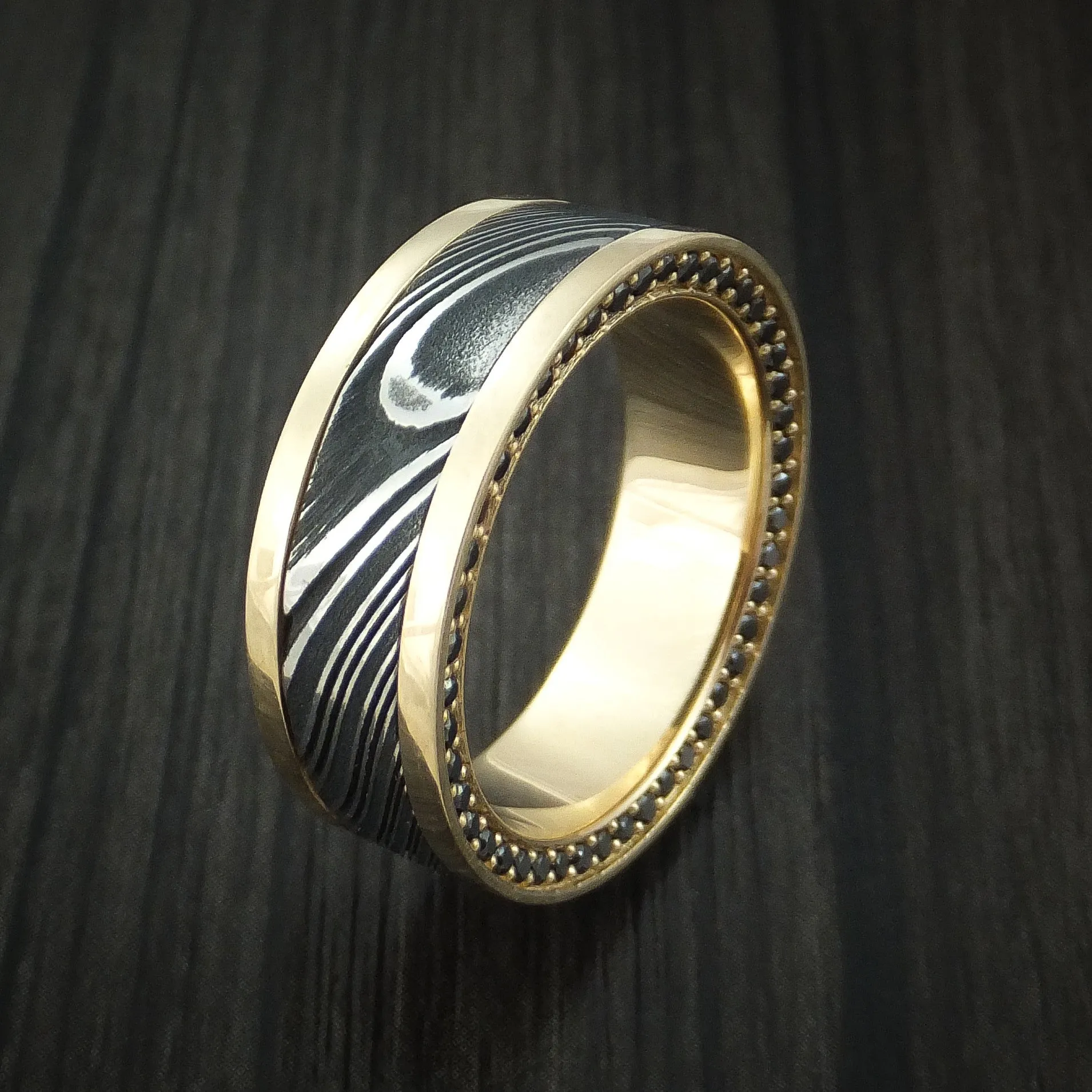 14K Yellow Gold and Kuro Damascus Steel Eternity Black Diamond Men's Ring Custom Made Band