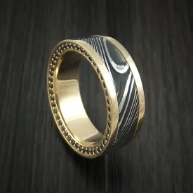 14K Yellow Gold and Kuro Damascus Steel Eternity Black Diamond Men's Ring Custom Made Band