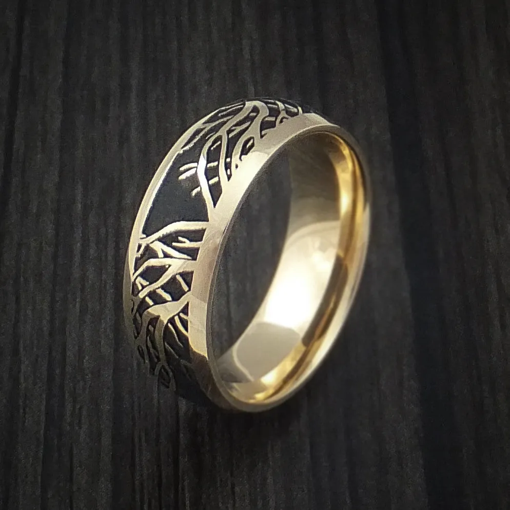 14K Yellow Gold Men's Ring with Tree Branches Custom Made Band