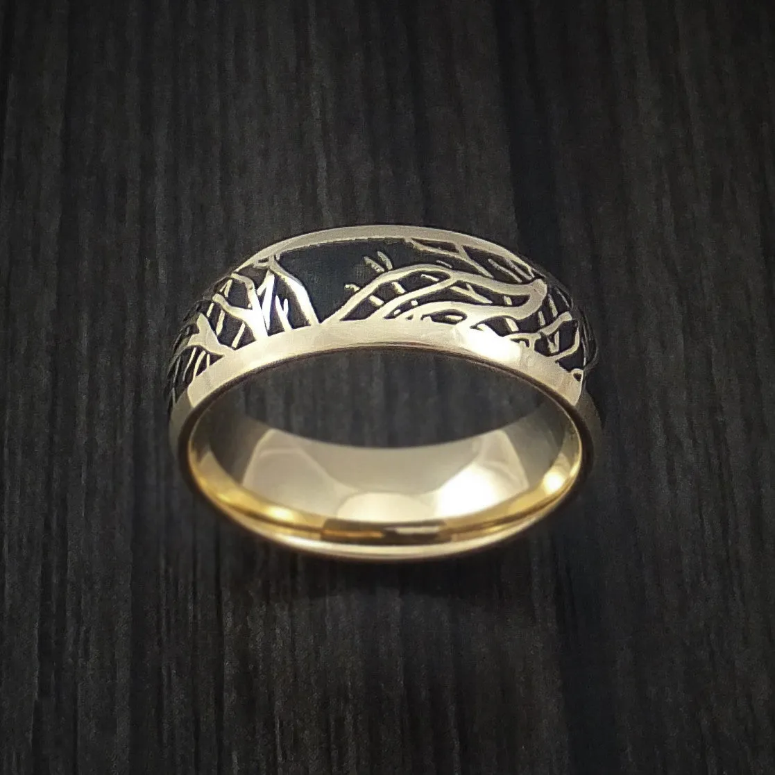 14K Yellow Gold Men's Ring with Tree Branches Custom Made Band