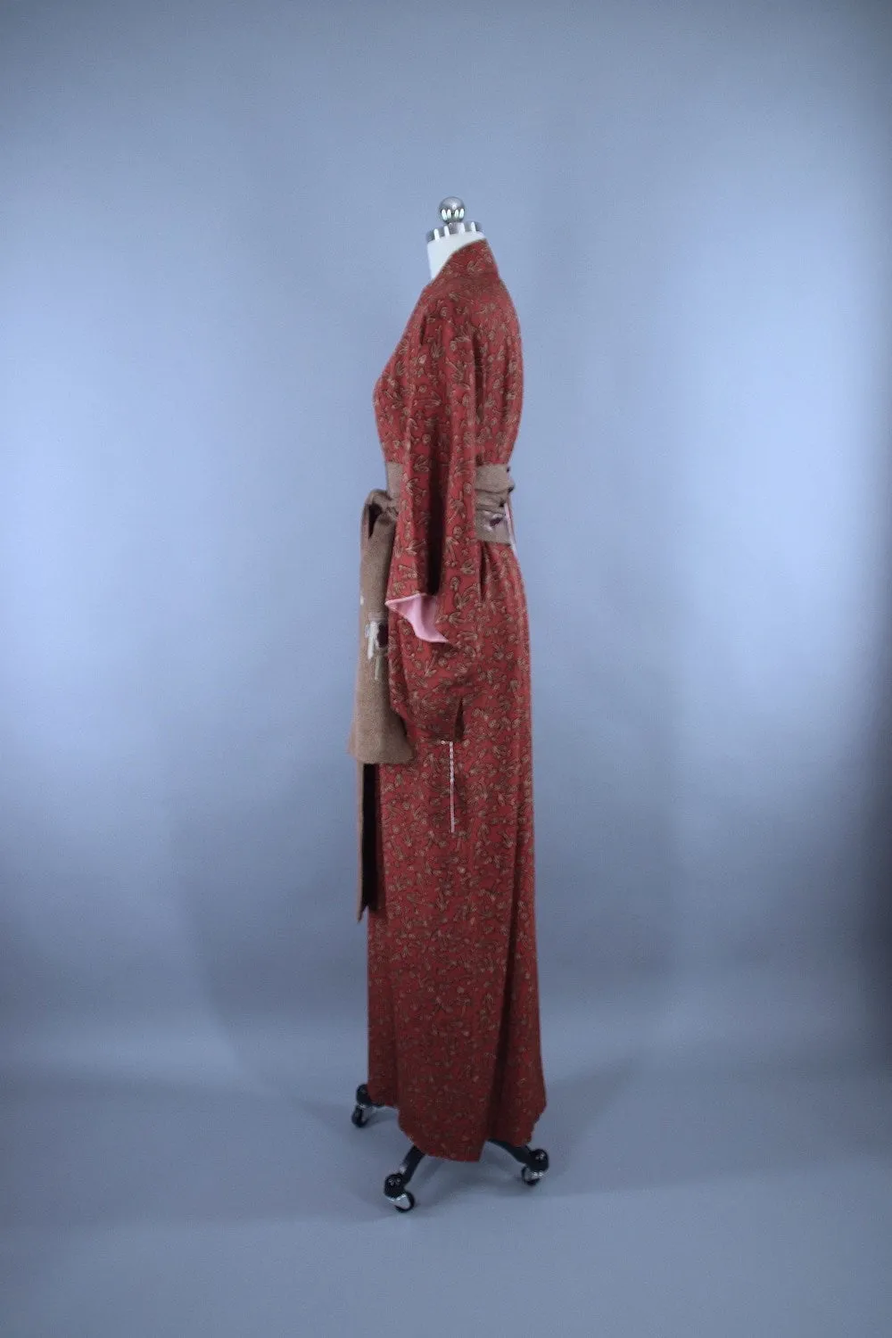 1940s Vintage Silk Kimono Robe / Rust Brown Abstract Floral