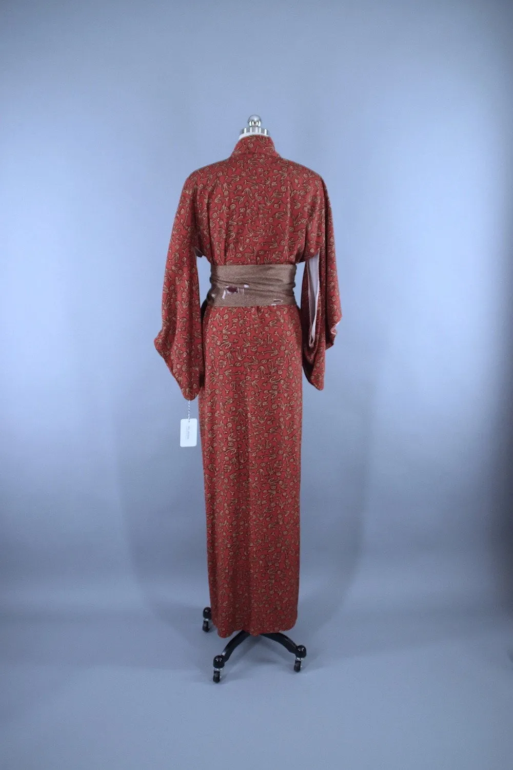 1940s Vintage Silk Kimono Robe / Rust Brown Abstract Floral