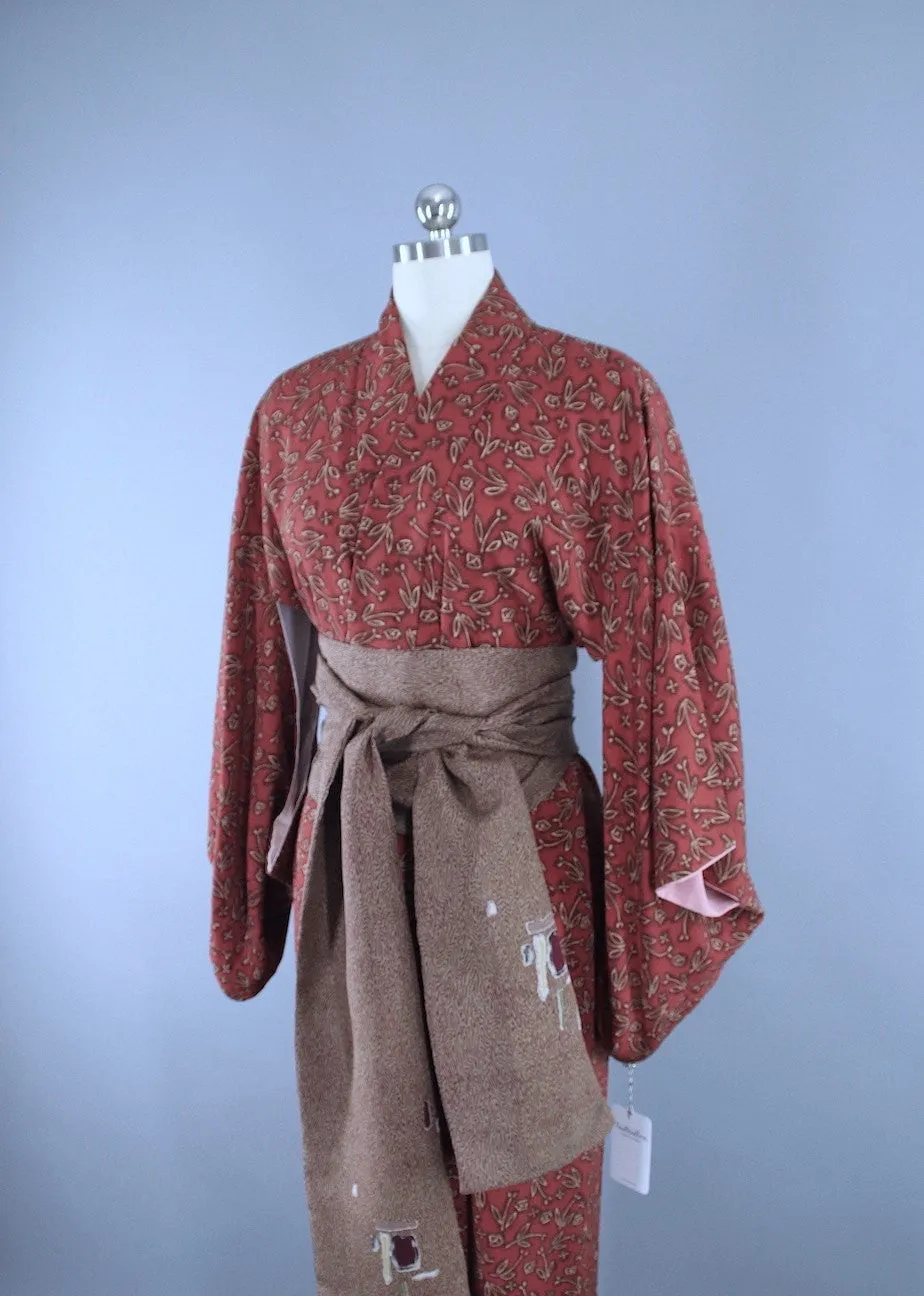 1940s Vintage Silk Kimono Robe / Rust Brown Abstract Floral