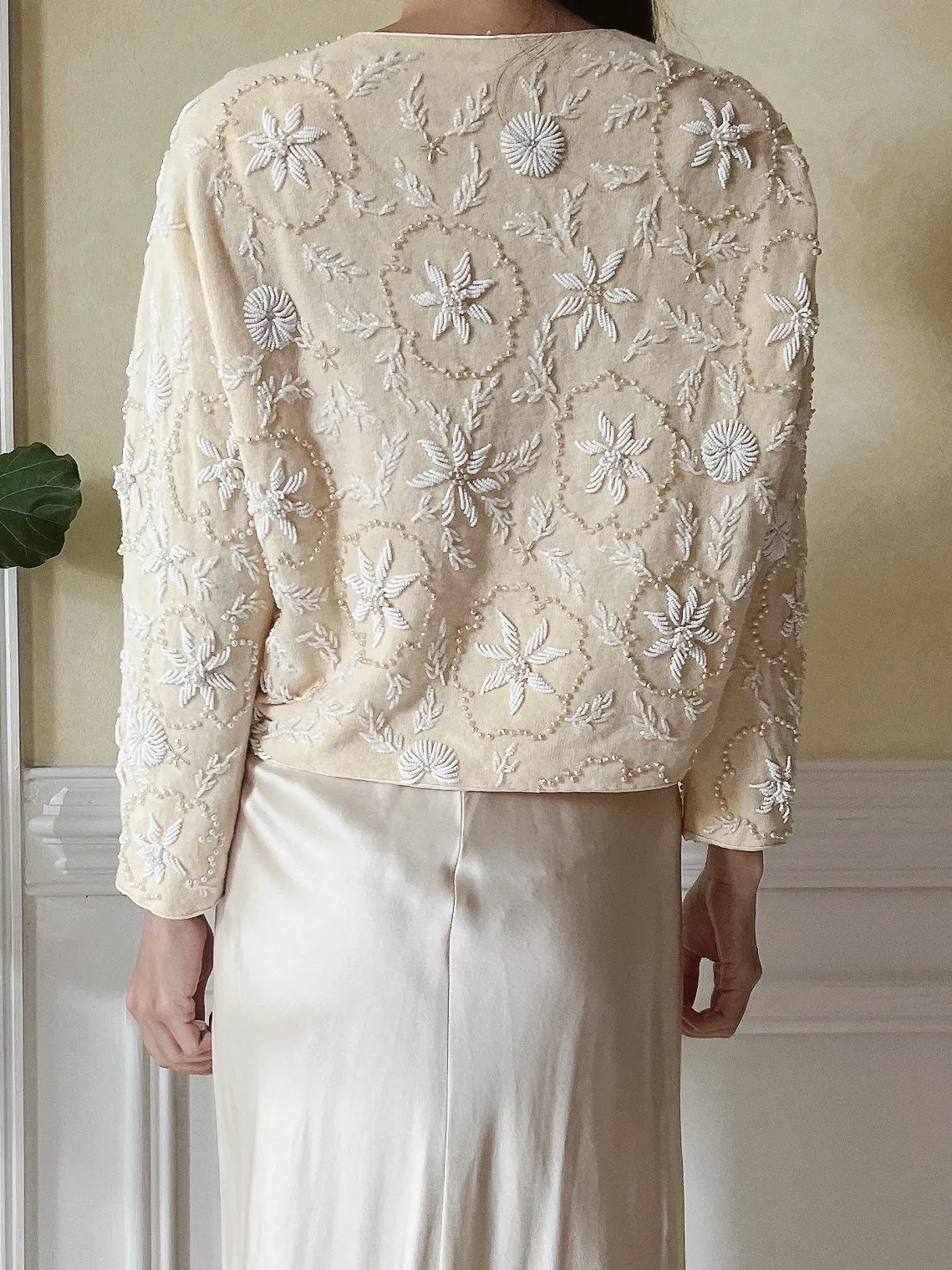 1950s Angora Ivory Beaded Cardigan - S