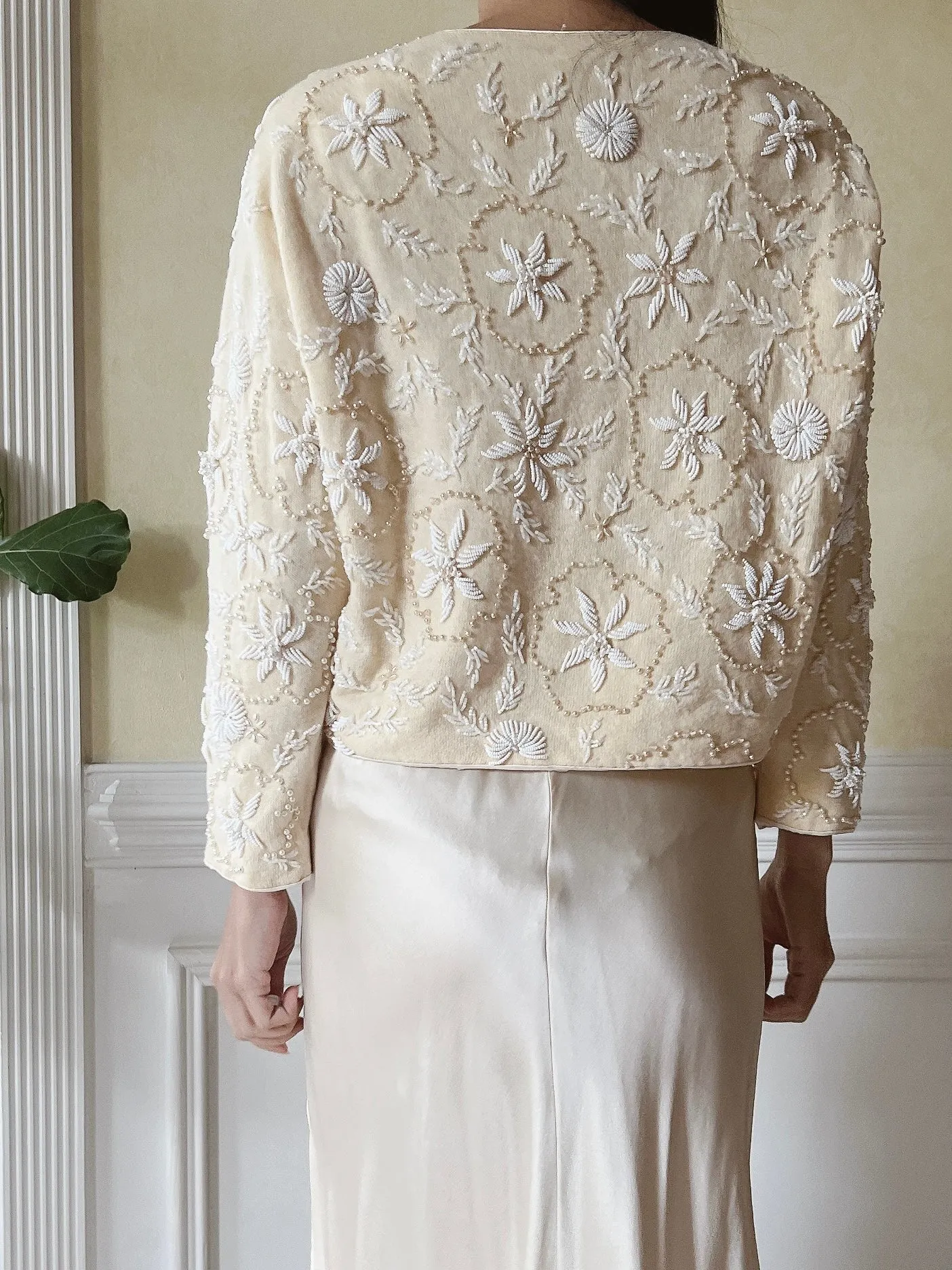 1950s Angora Ivory Beaded Cardigan - S