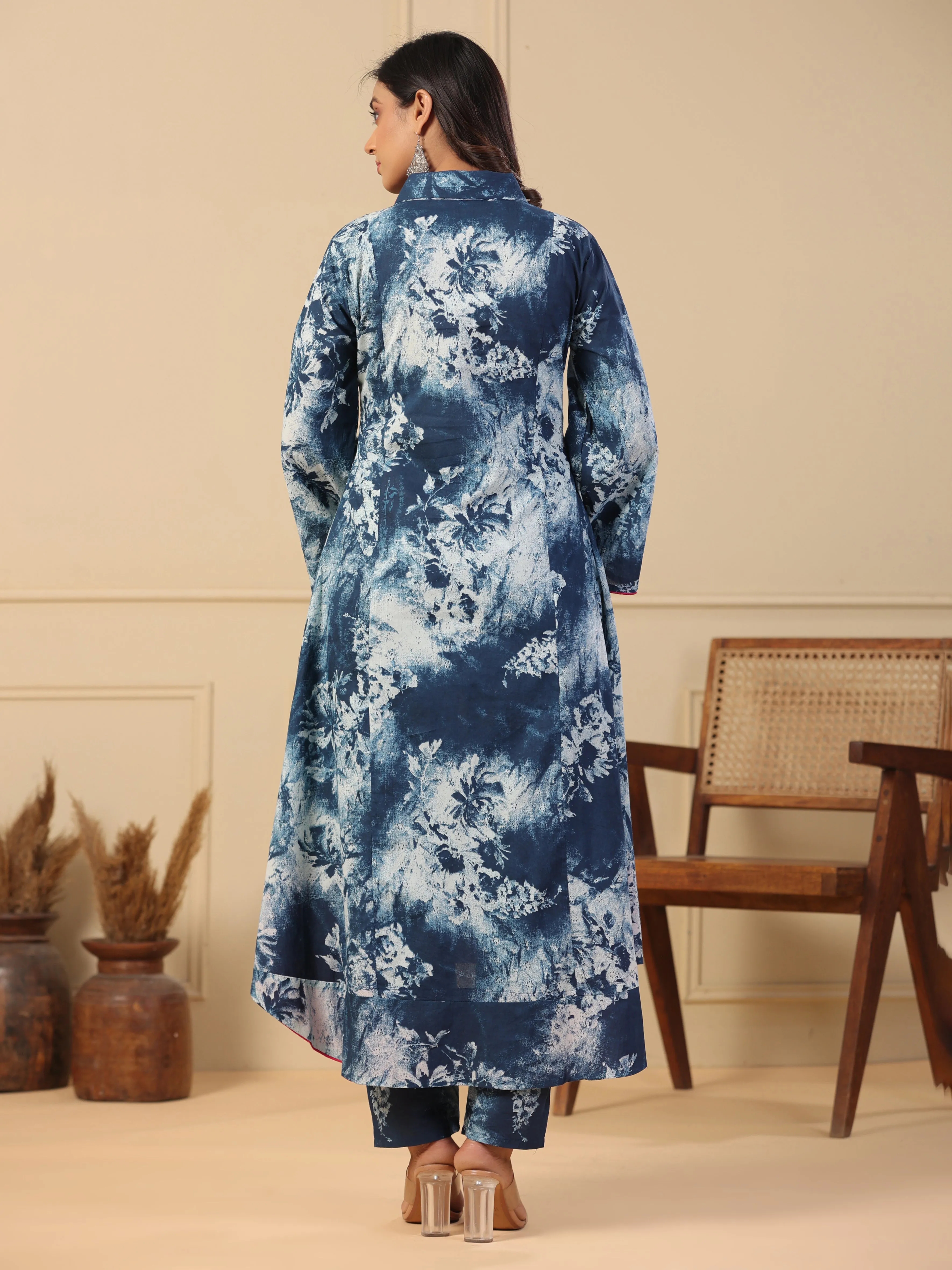 Abstract Printed A-Line Paneled Kurta with Pant - Blue