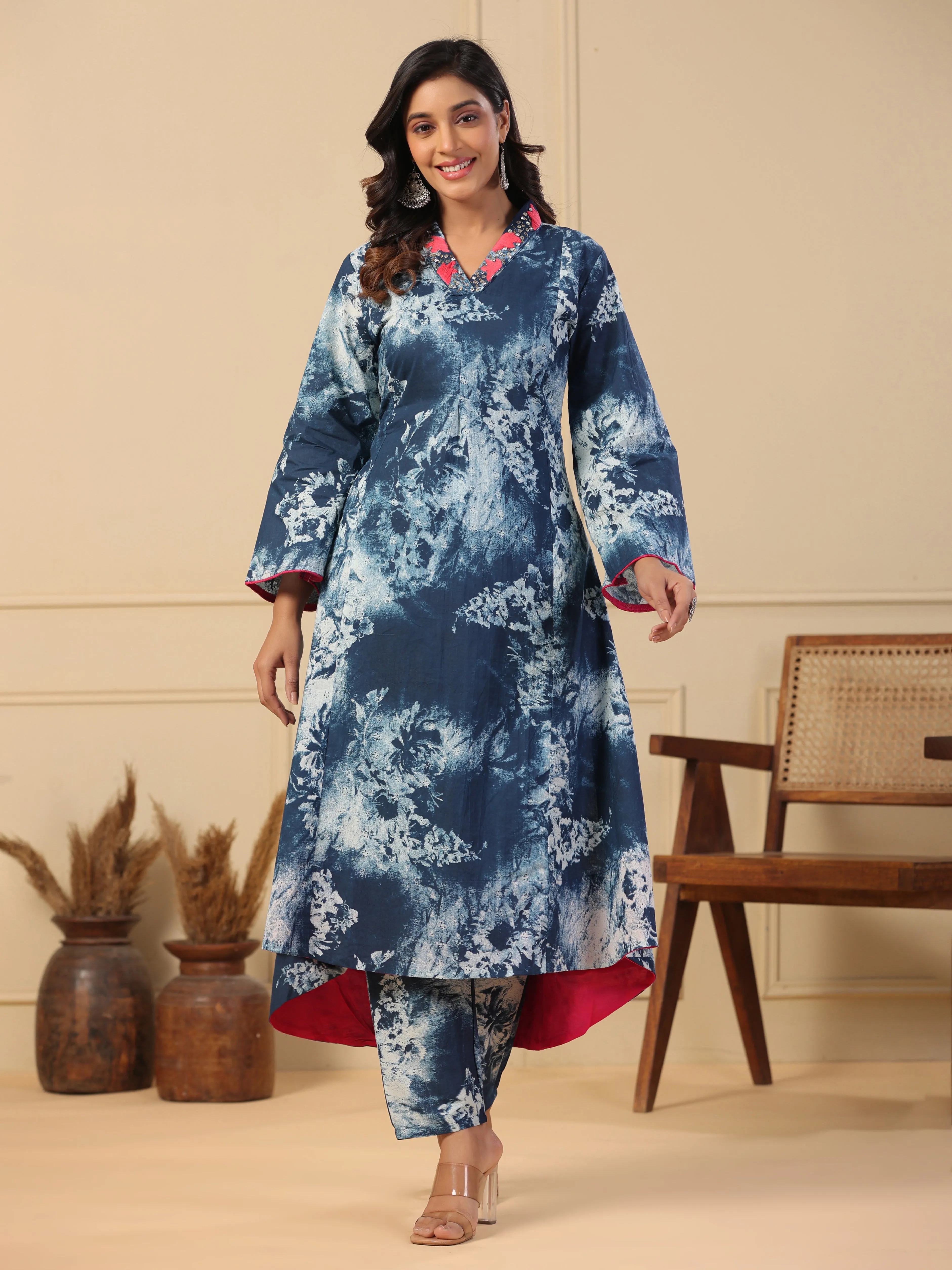 Abstract Printed A-Line Paneled Kurta with Pant - Blue