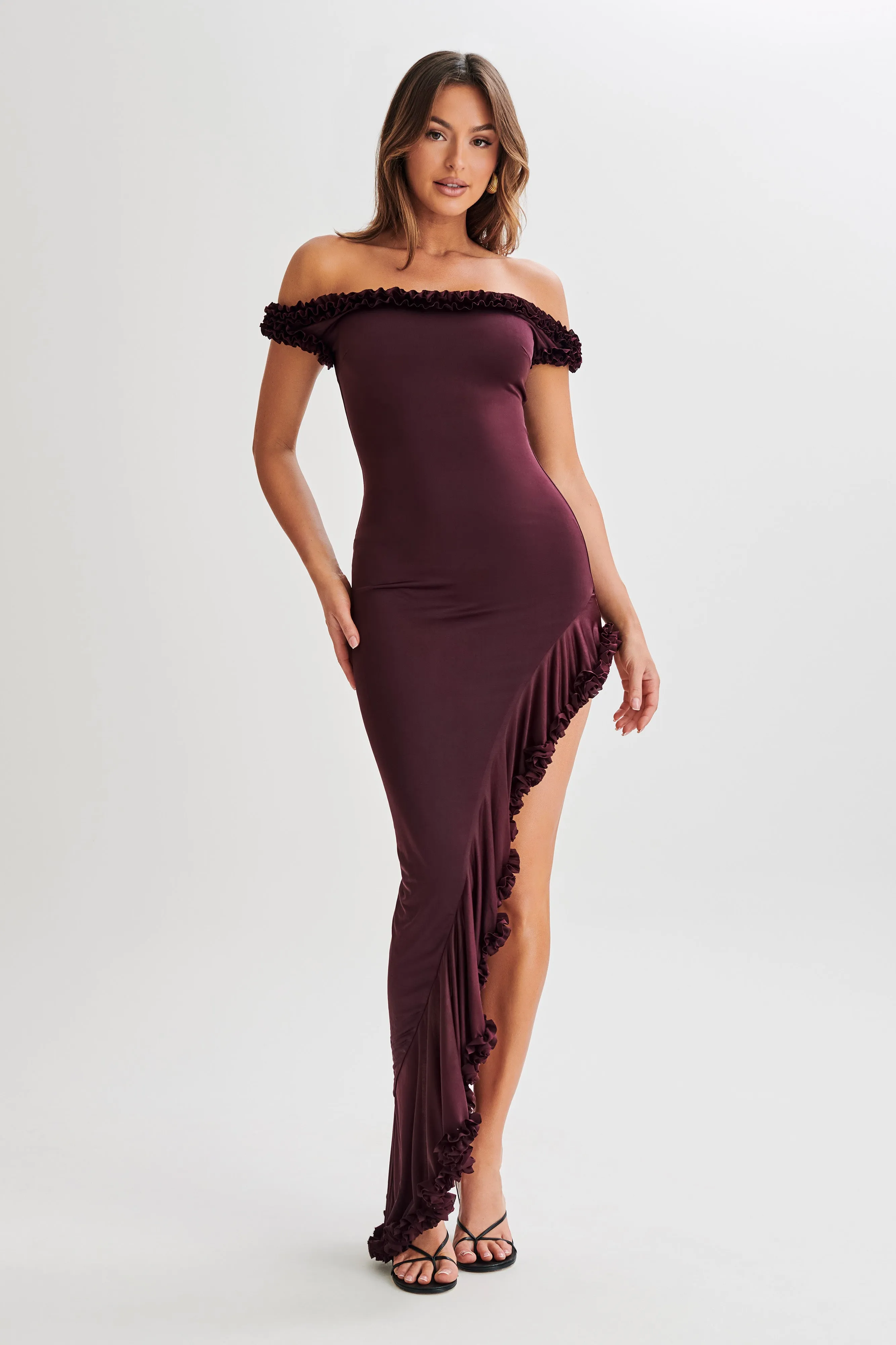 Arielle Off Shoulder Ruffle Midi Dress - Plum