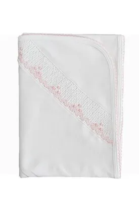 Baby Girl's White Smocked Blanket with Pink Trim