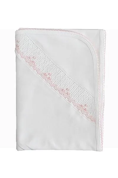 Baby Girl's White Smocked Blanket with Pink Trim