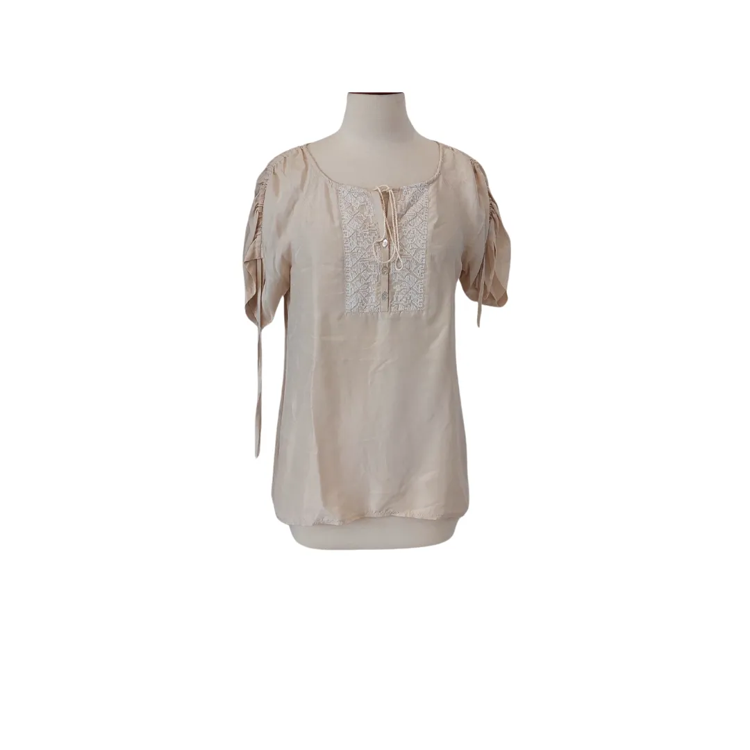 Banana Republic Beige Embroidered Neckline Satin Blouse | Pre Loved |