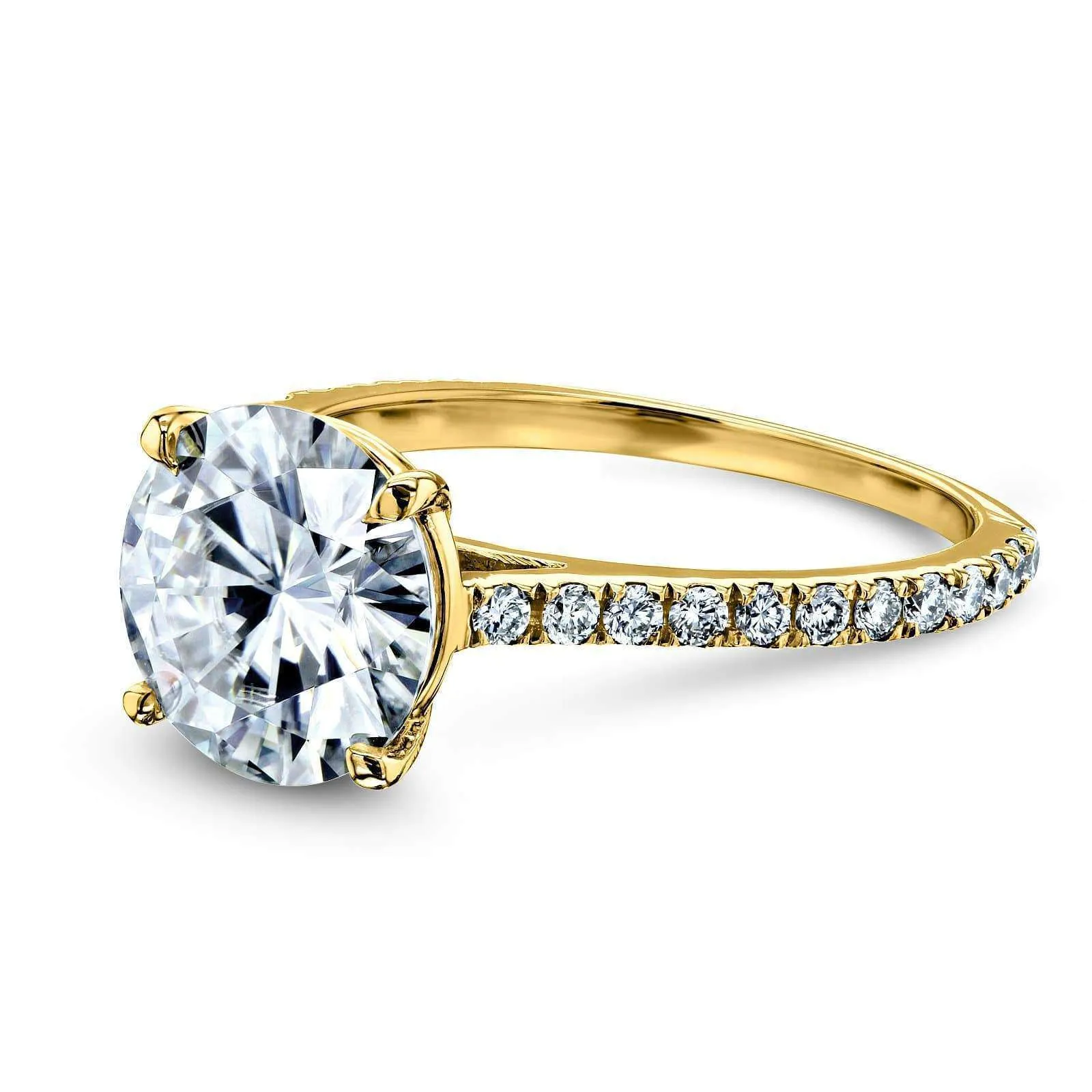 Basket Cathedral 9mm Moissanite and Diamond Ring 14k Yellow Gold