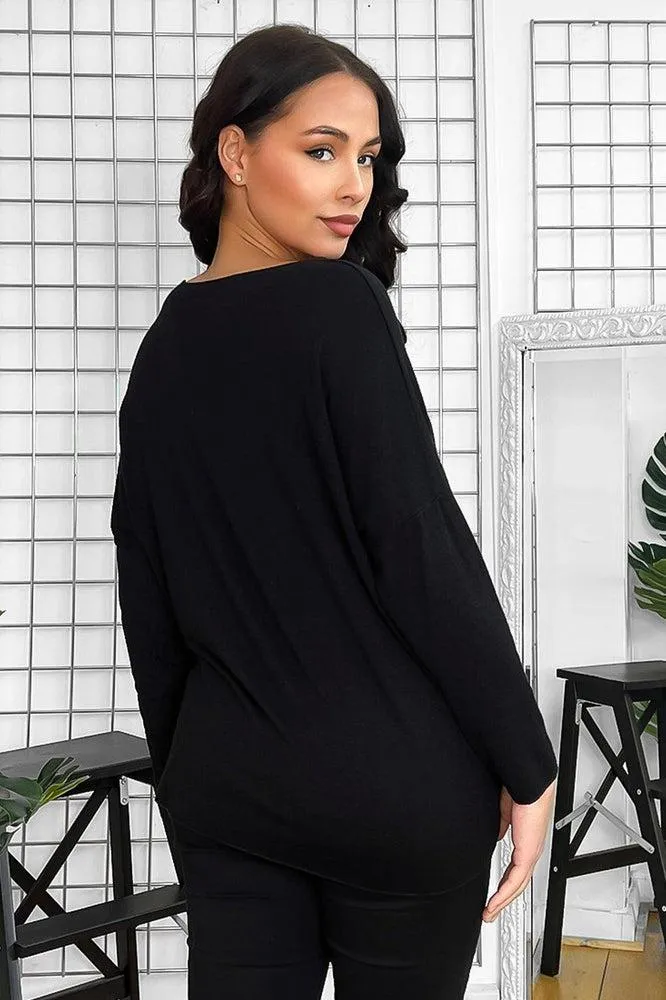 Black Fine Knit Wool Blend V-Neck Pullover