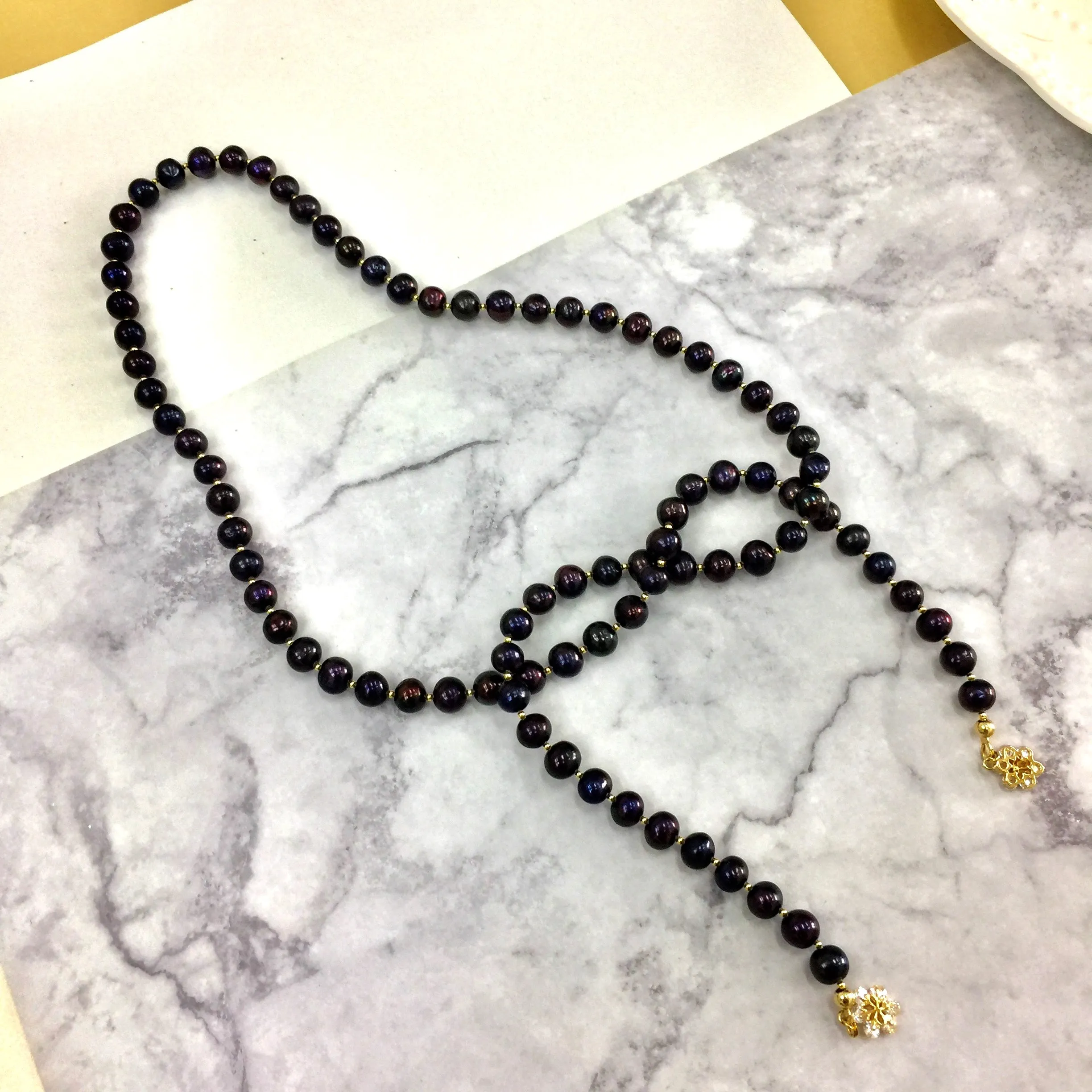 Elegant Black Freshwater Pearl Open-Ended Necklace - AN055