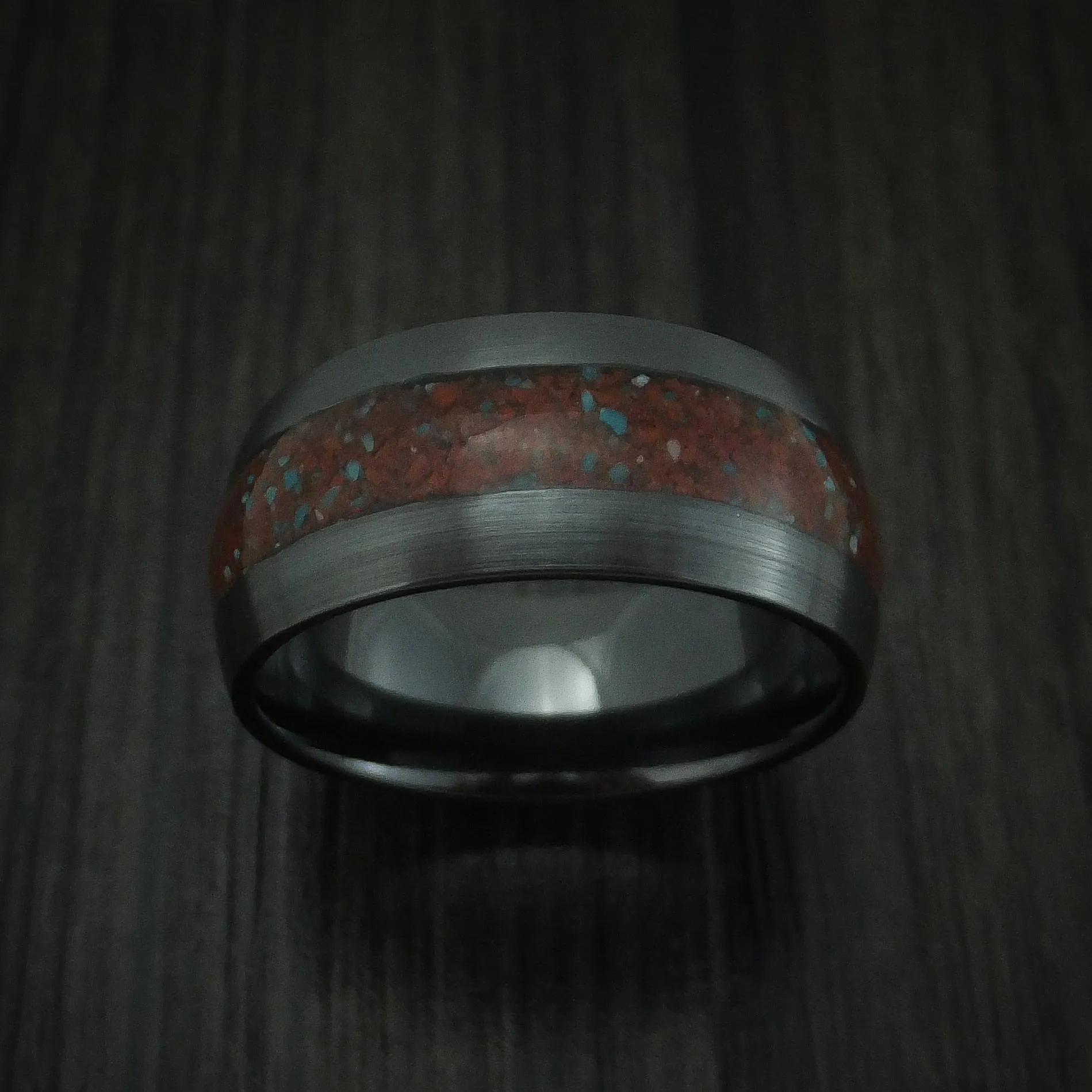 Black Titanium Red Dinosaur Bone with Turquoise Men's Ring Custom Made Fossil Band