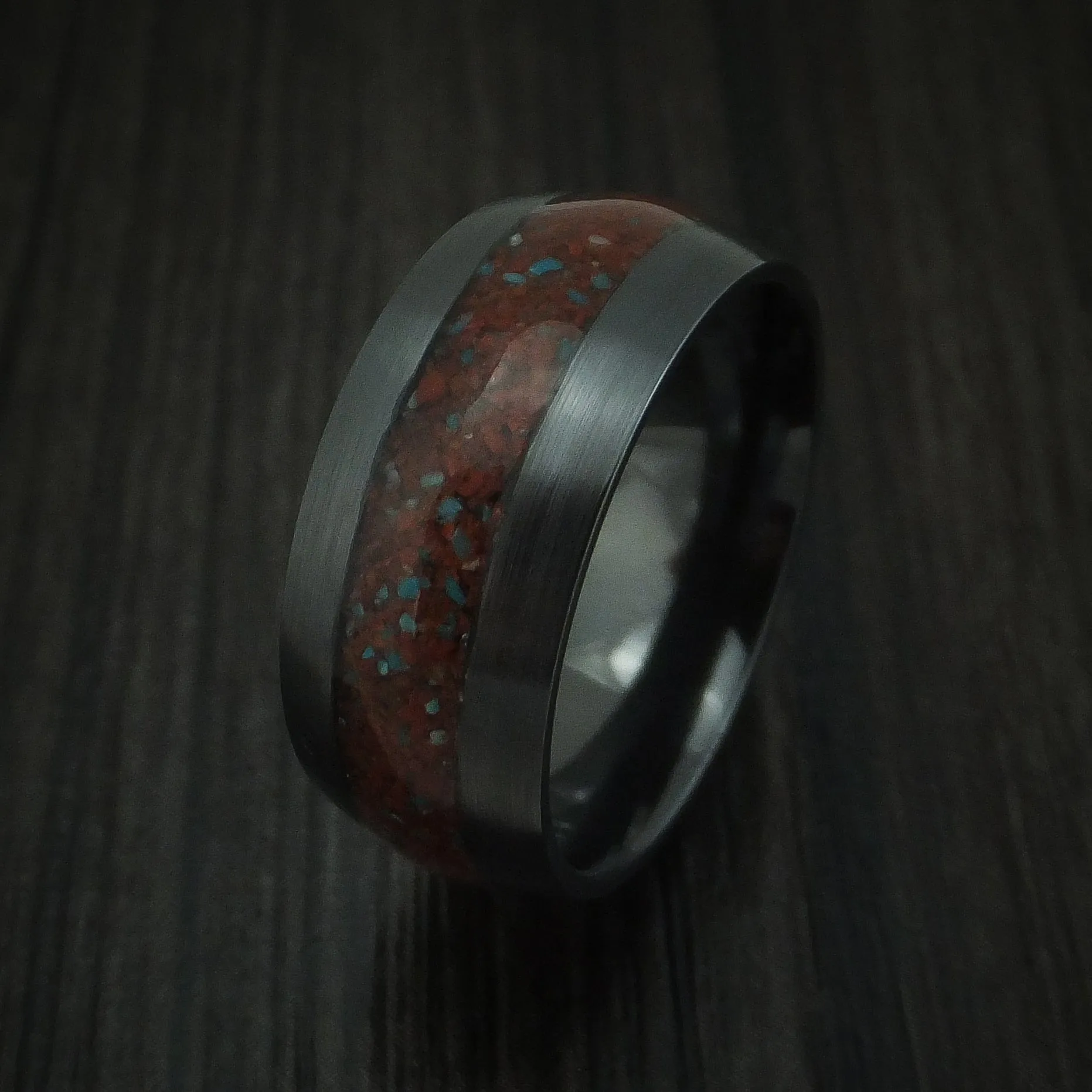 Black Titanium Red Dinosaur Bone with Turquoise Men's Ring Custom Made Fossil Band