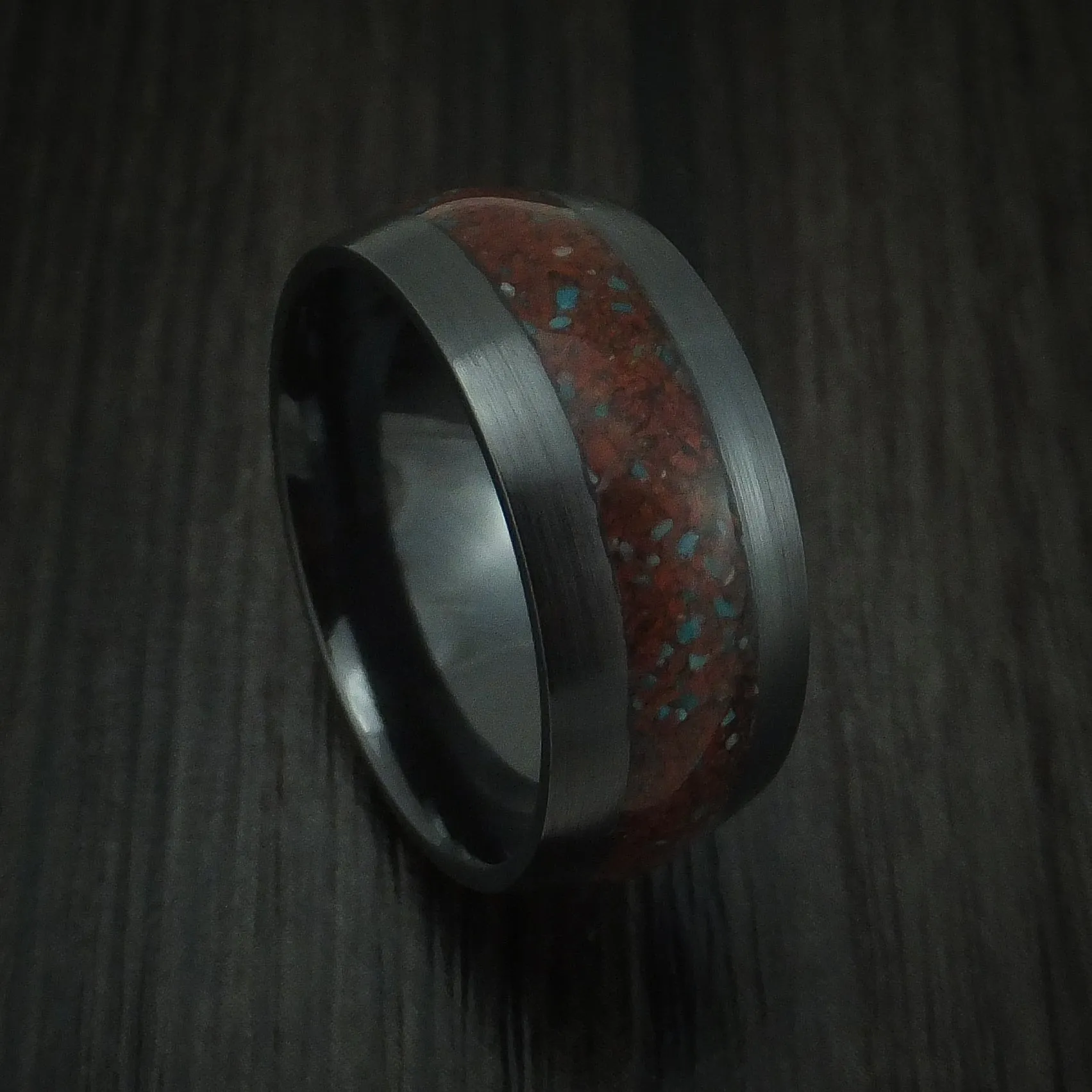 Black Titanium Red Dinosaur Bone with Turquoise Men's Ring Custom Made Fossil Band