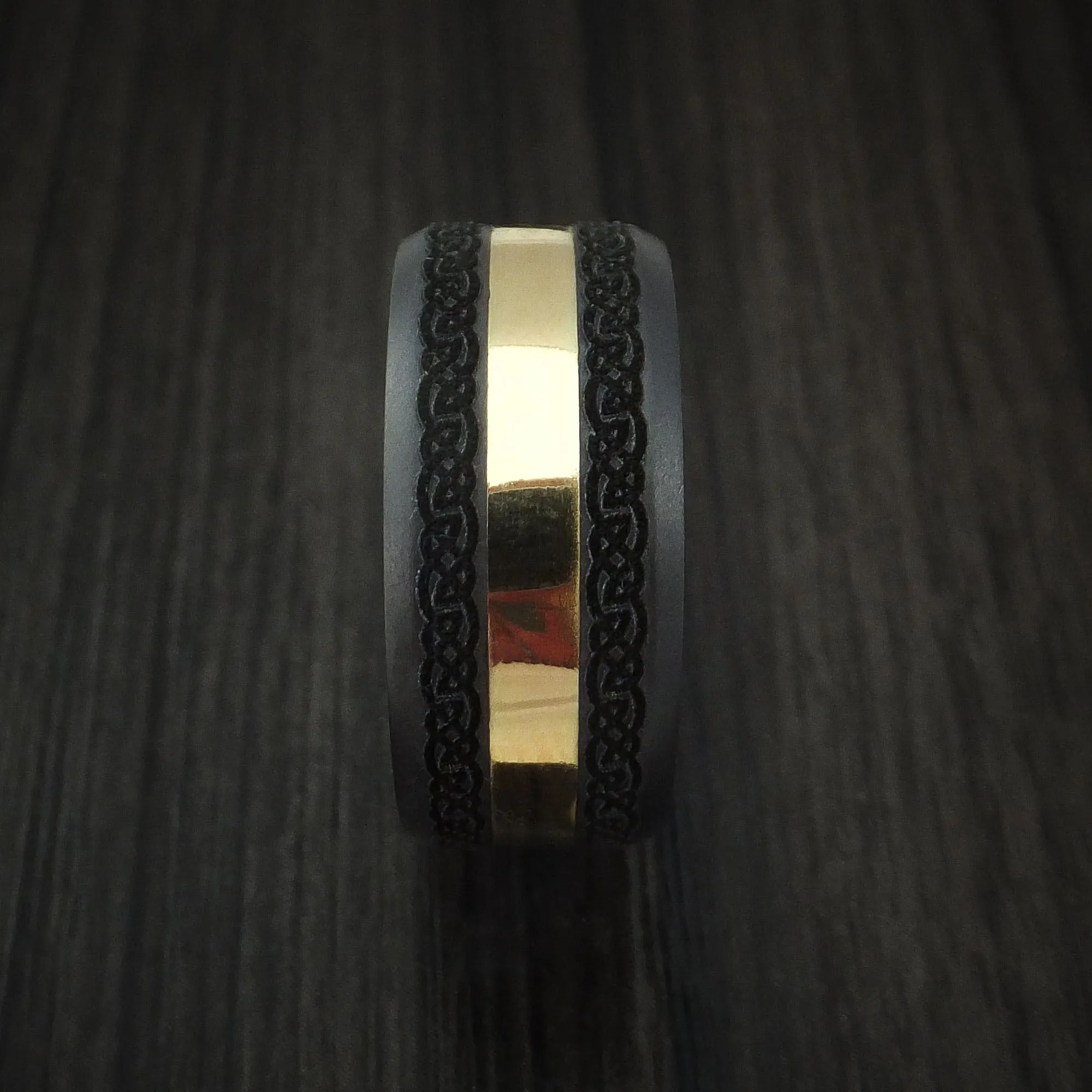 Black Zirconium and 18K Yellow Gold Custom Celtic Pattern Men's Ring