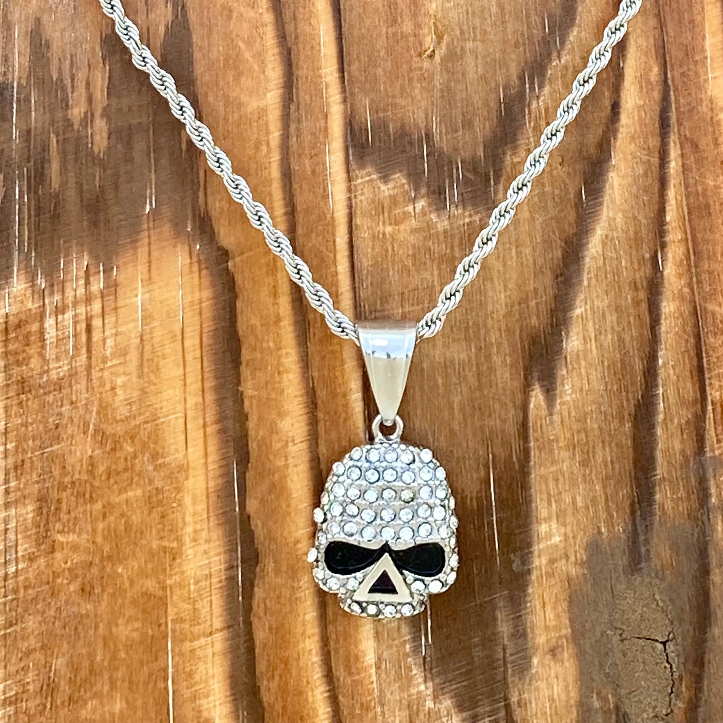 Bling Skull - Mini Pendant - White Stone - Rope Necklace or Omega - SK2595M