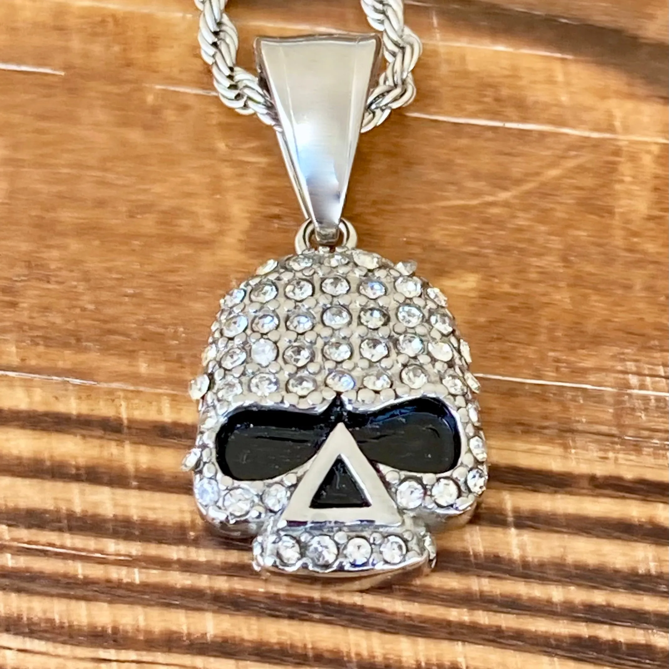 Bling Skull - Mini Pendant - White Stone - Rope Necklace or Omega - SK2595M