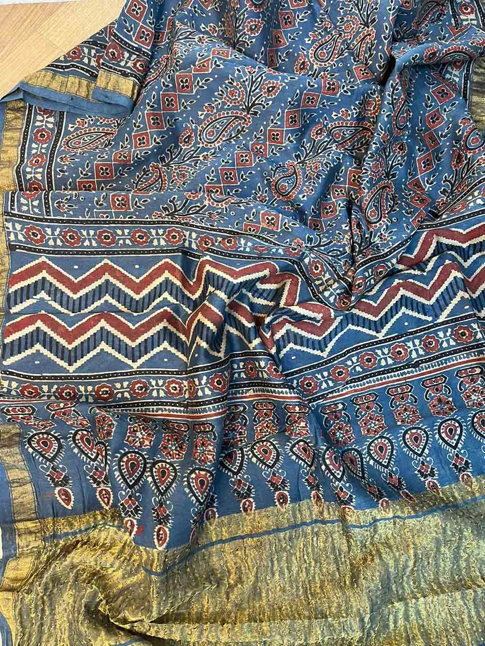 Blue Ajrakh Block Printed Chanderi Silk Tissue Border Dupatta