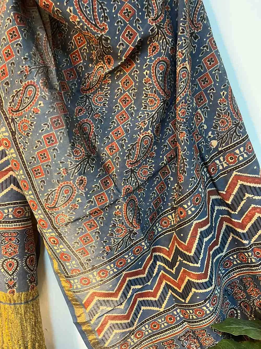 Blue Ajrakh Block Printed Chanderi Silk Tissue Border Dupatta