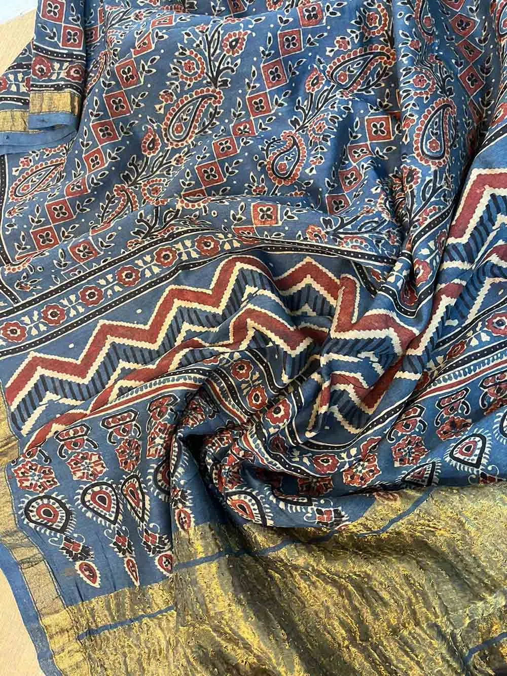 Blue Ajrakh Block Printed Chanderi Silk Tissue Border Dupatta