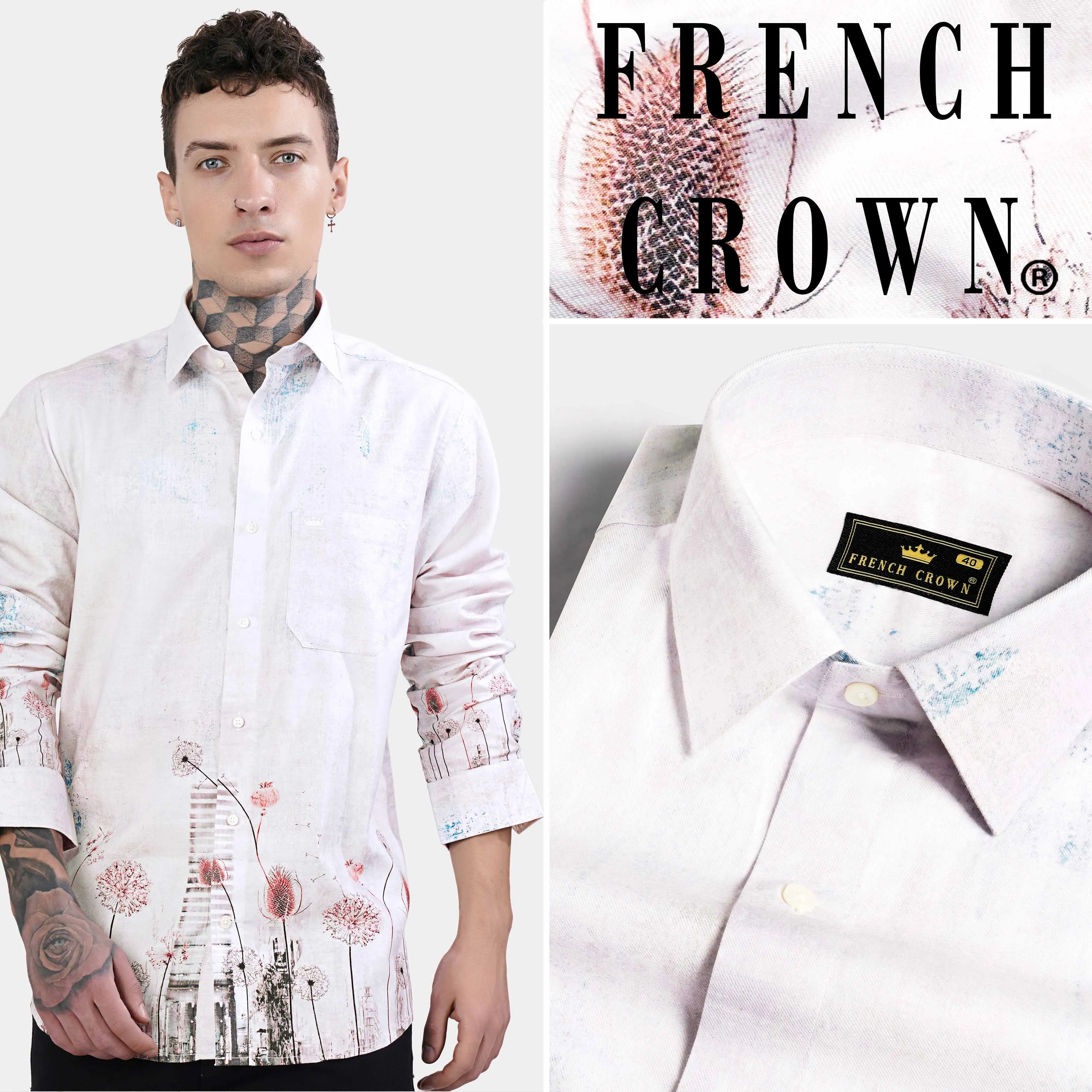 Bon Jour Gray Floral Printed Subtle Sheen Super Soft Premium Cotton Shirt