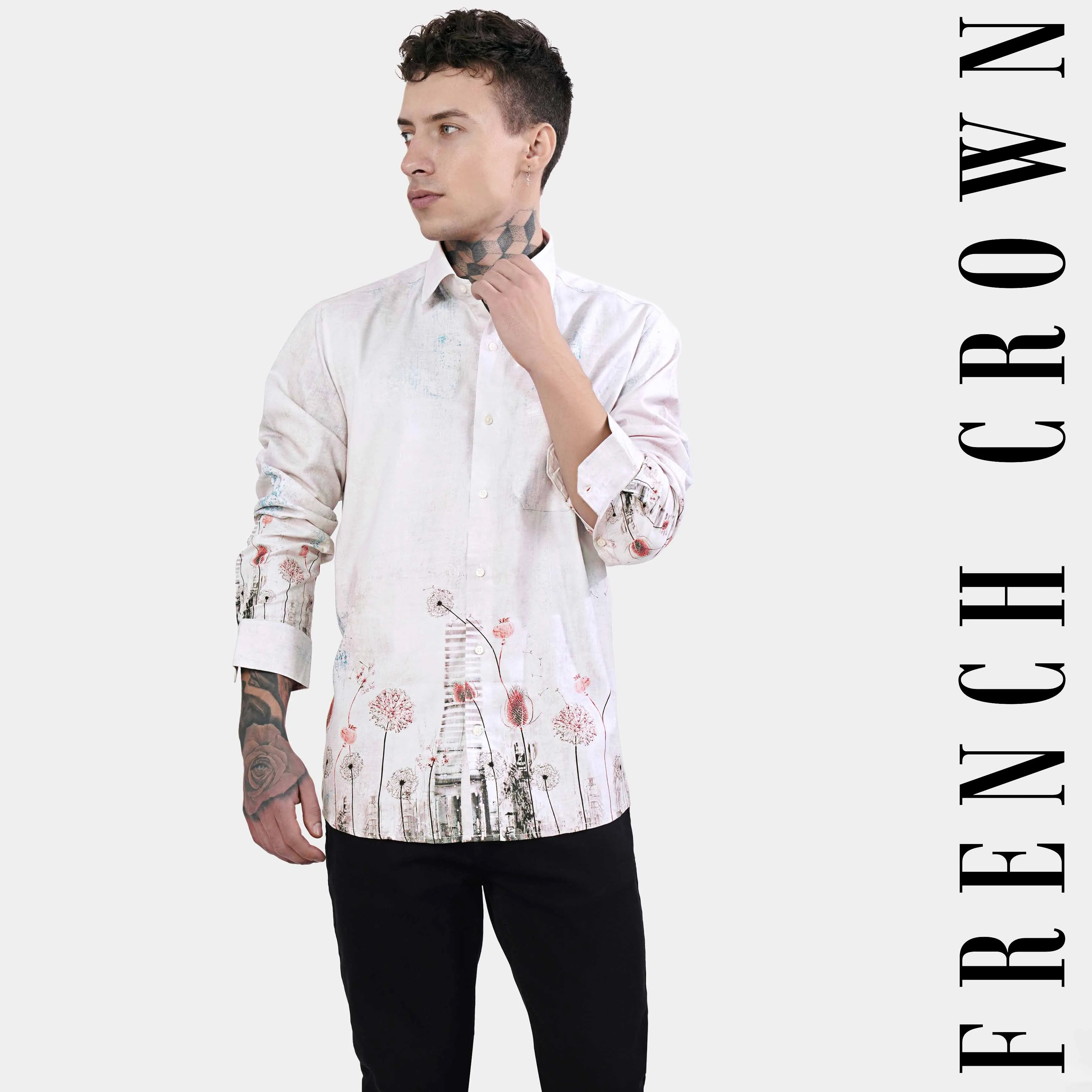 Bon Jour Gray Floral Printed Subtle Sheen Super Soft Premium Cotton Shirt