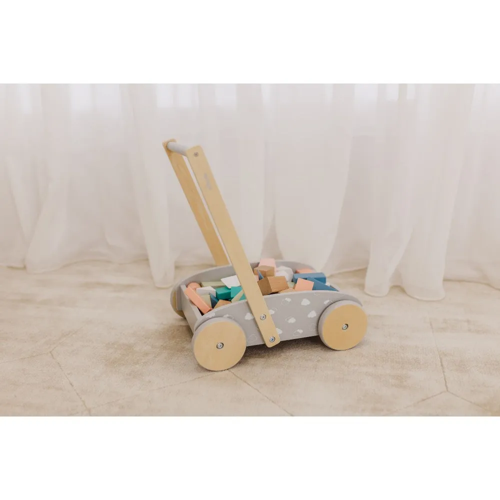 Bubble Wooden Baby Push Cart & Walker with 45 Building Blocks