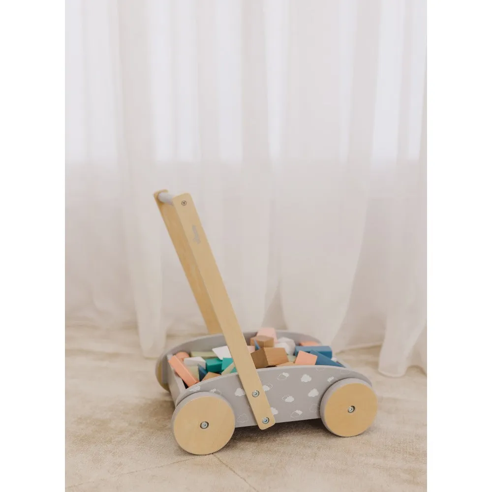 Bubble Wooden Baby Push Cart & Walker with 45 Building Blocks