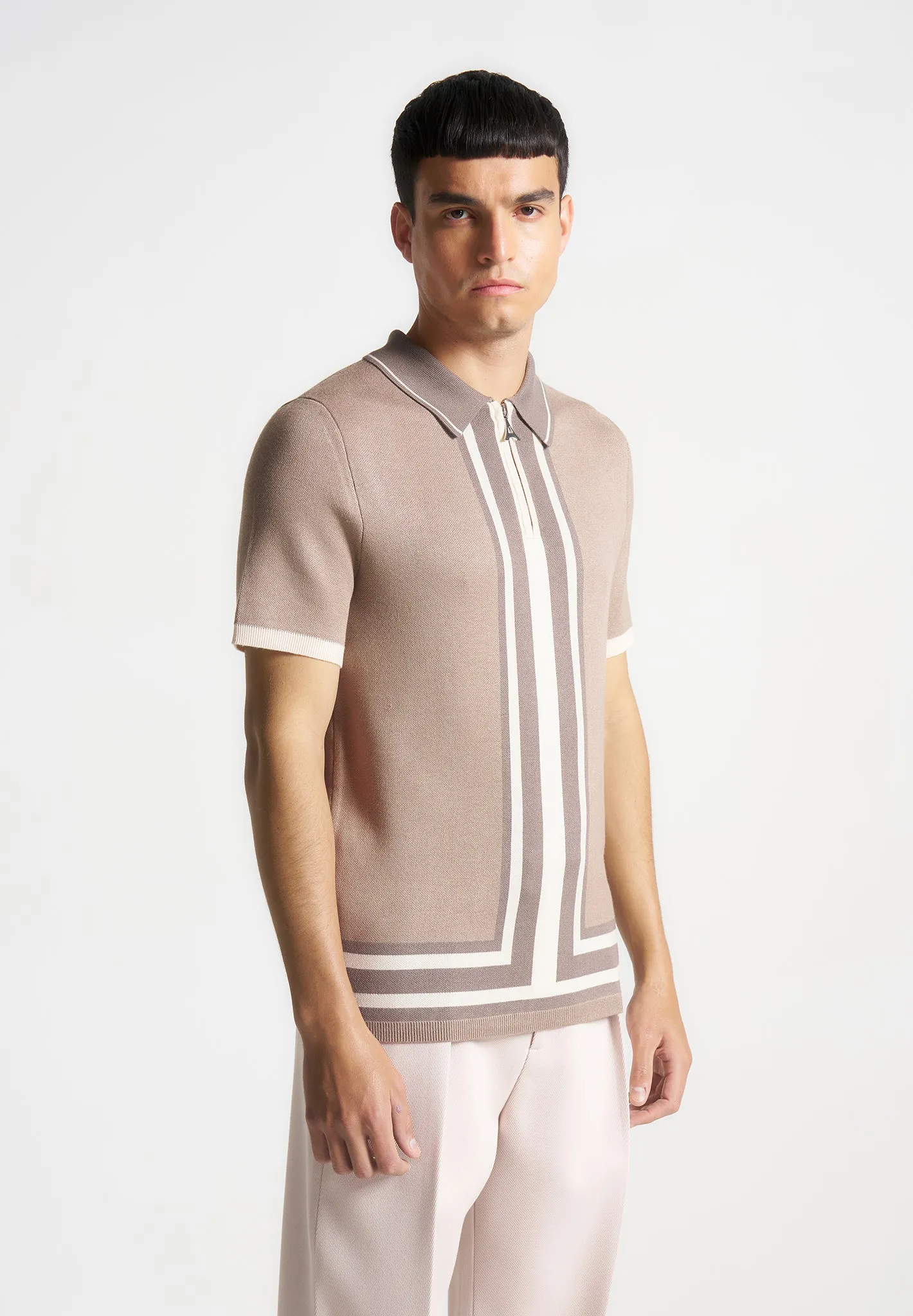 Contrast Border Knit Zip Polo Shirt - Taupe