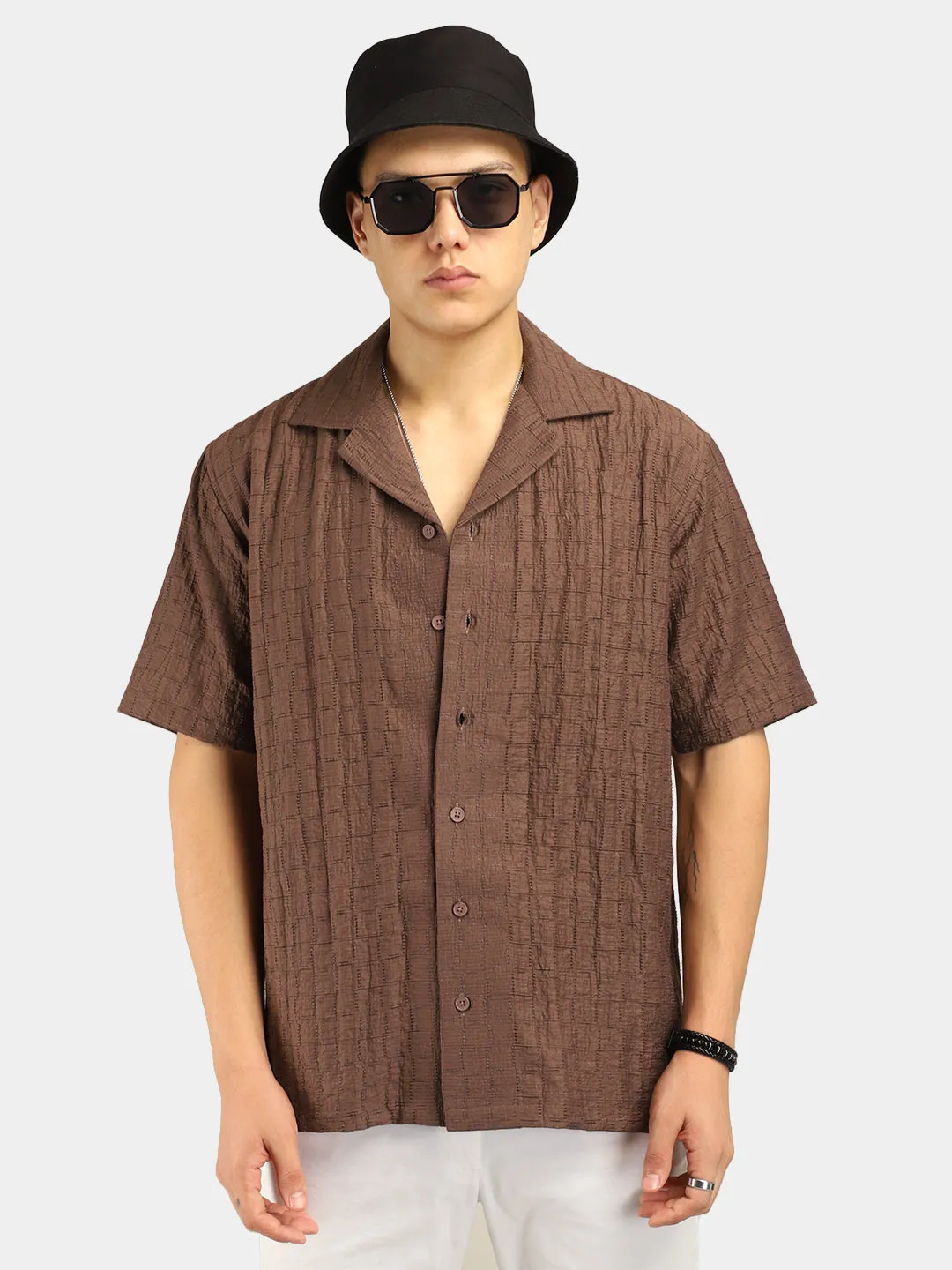 Crotchet Brown Half Sleeve Shirt