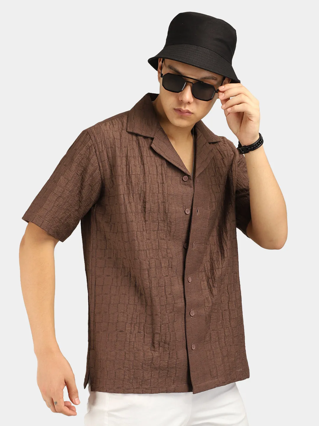 Crotchet Brown Half Sleeve Shirt