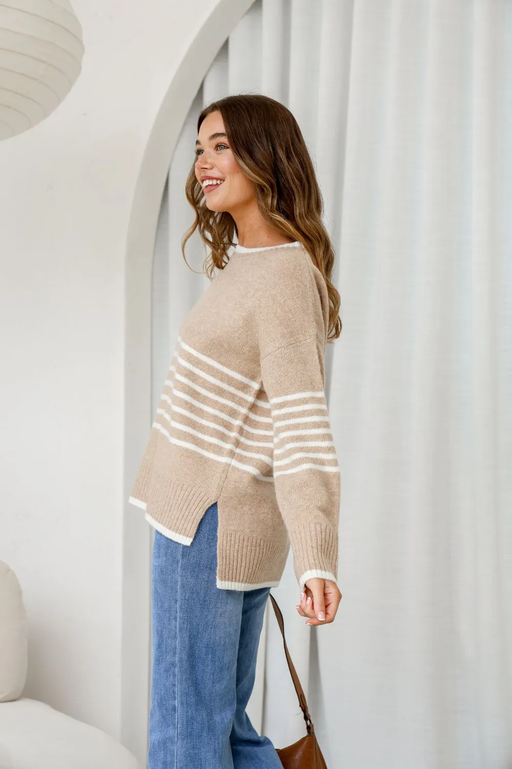 Dana Half Stripe Knit | Camel/White