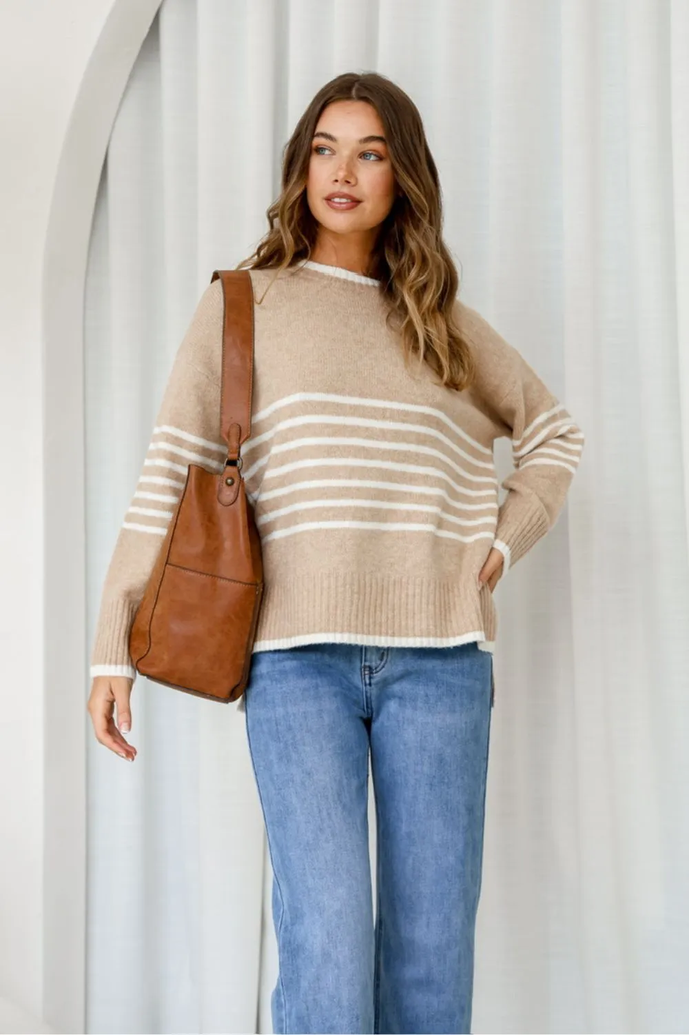 Dana Half Stripe Knit | Camel/White