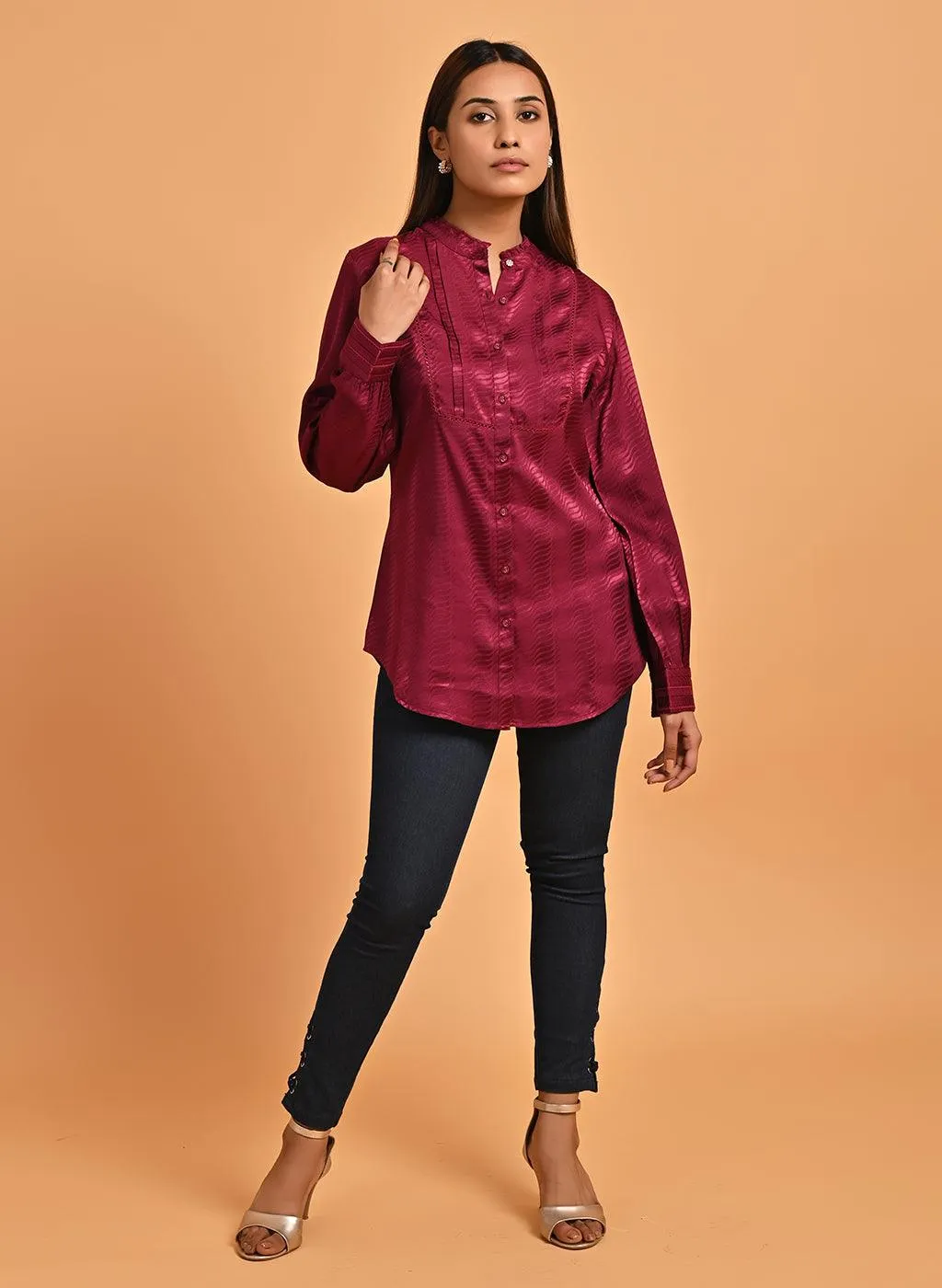 Fuchsia Satin Shirt with Balloon Sleeves and Open Front