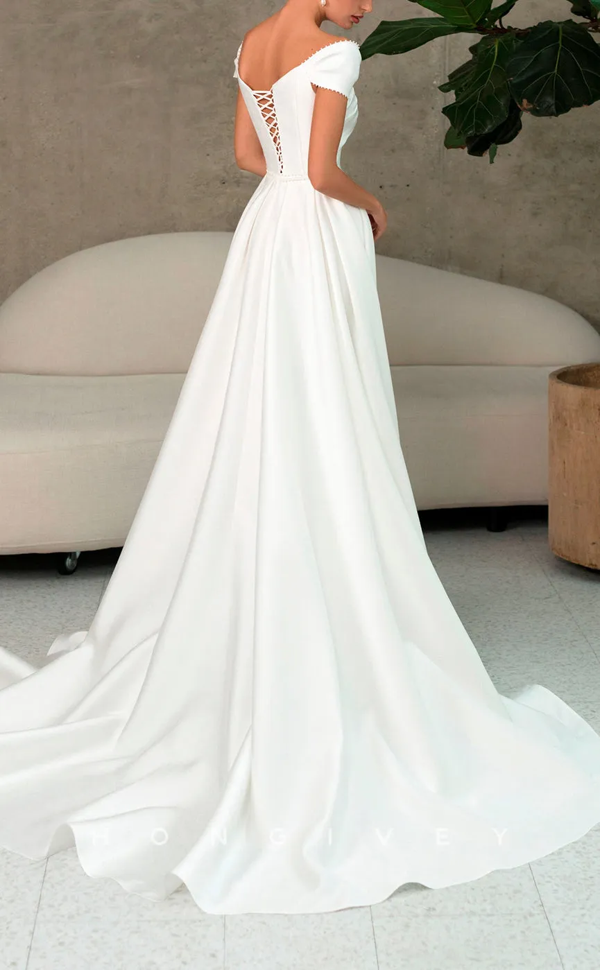 H1045 - Elegant & Luxurious Cap Sleeves Sweetheart Ruched With Side Slit Long Wedding Dress