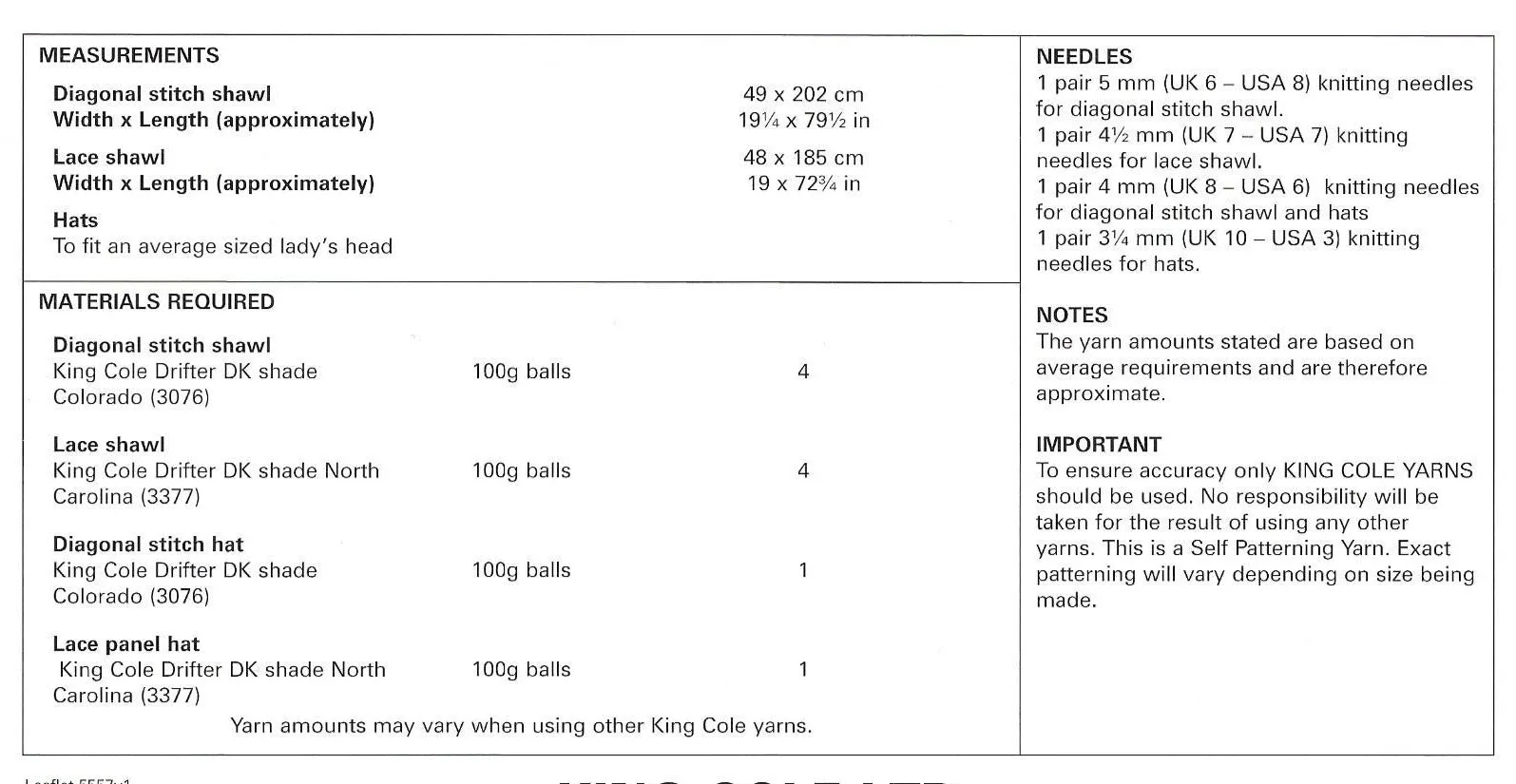 King Cole 5557 Shawls & Hats DK Knitting Pattern