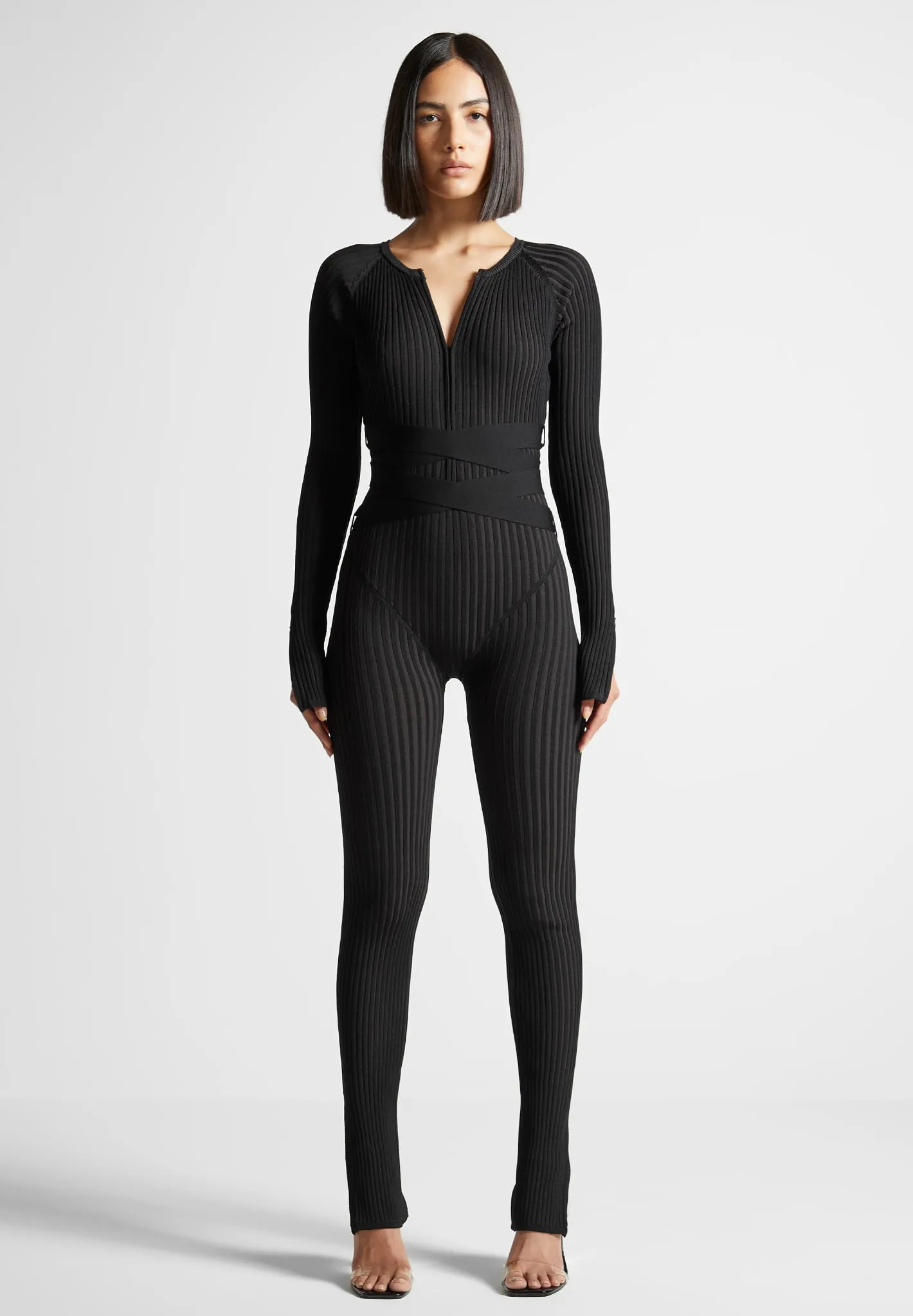 Black Two-Tone Knitted Jumpsuit with Belt - Elegant Sugestion