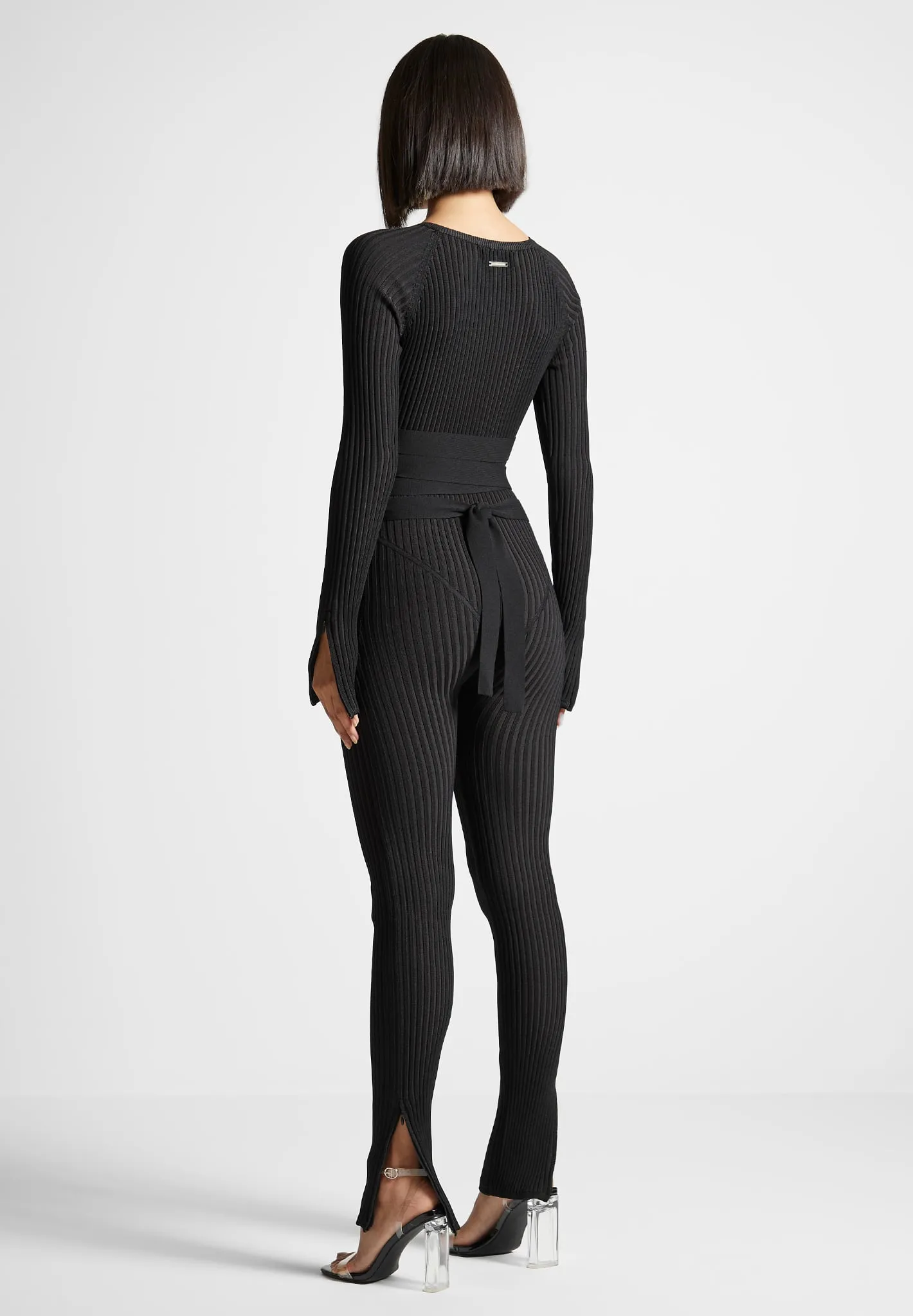 Black Two-Tone Knitted Jumpsuit with Belt - Elegant Sugestion