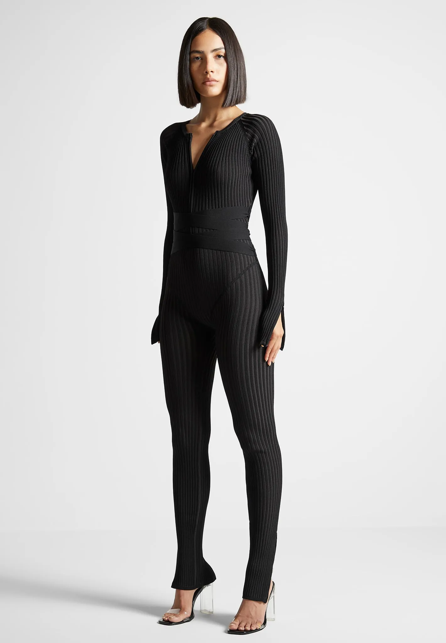 Black Two-Tone Knitted Jumpsuit with Belt - Elegant Sugestion