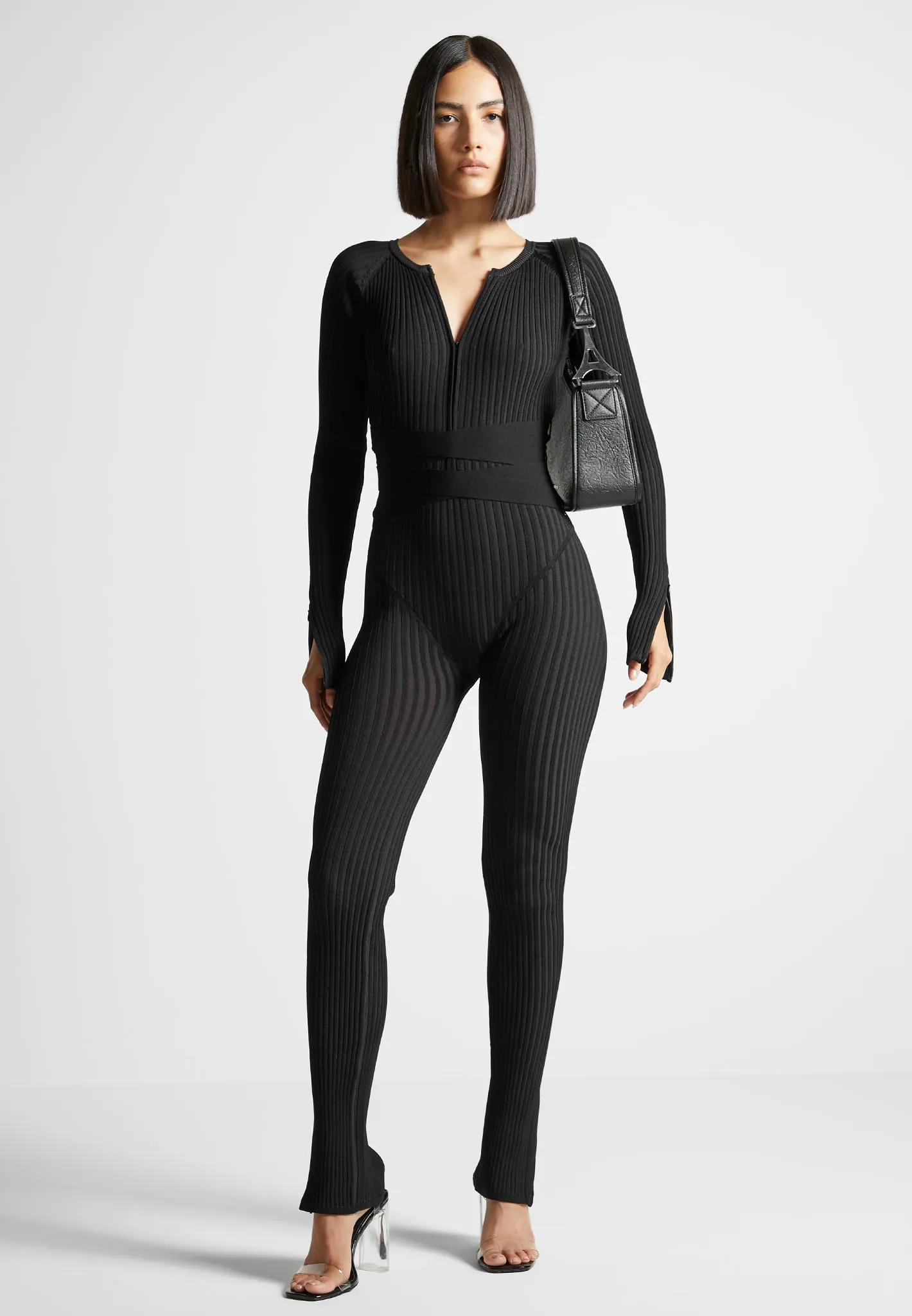 Black Two-Tone Knitted Jumpsuit with Belt - Elegant Sugestion