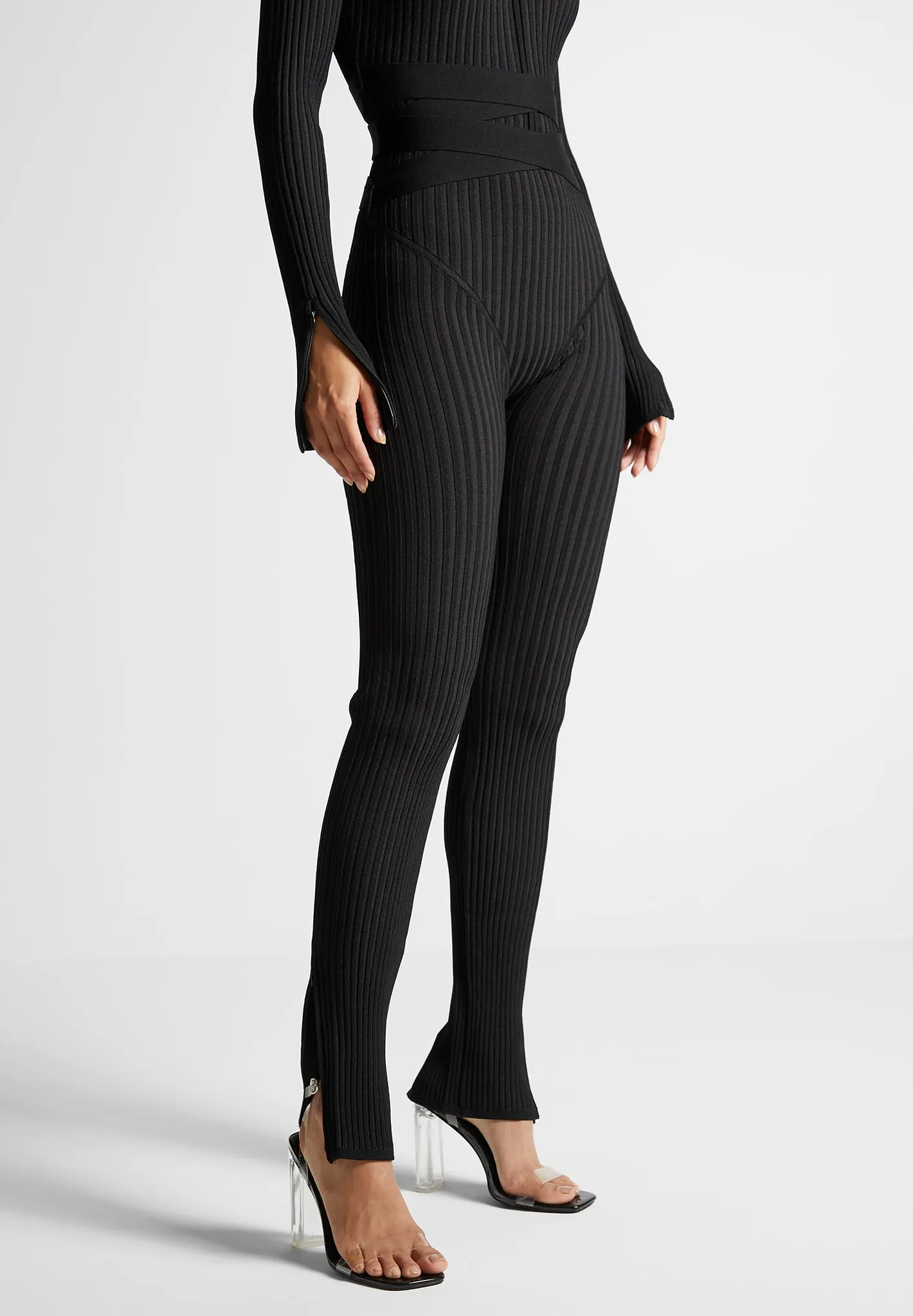 Black Two-Tone Knitted Jumpsuit with Belt - Elegant Sugestion