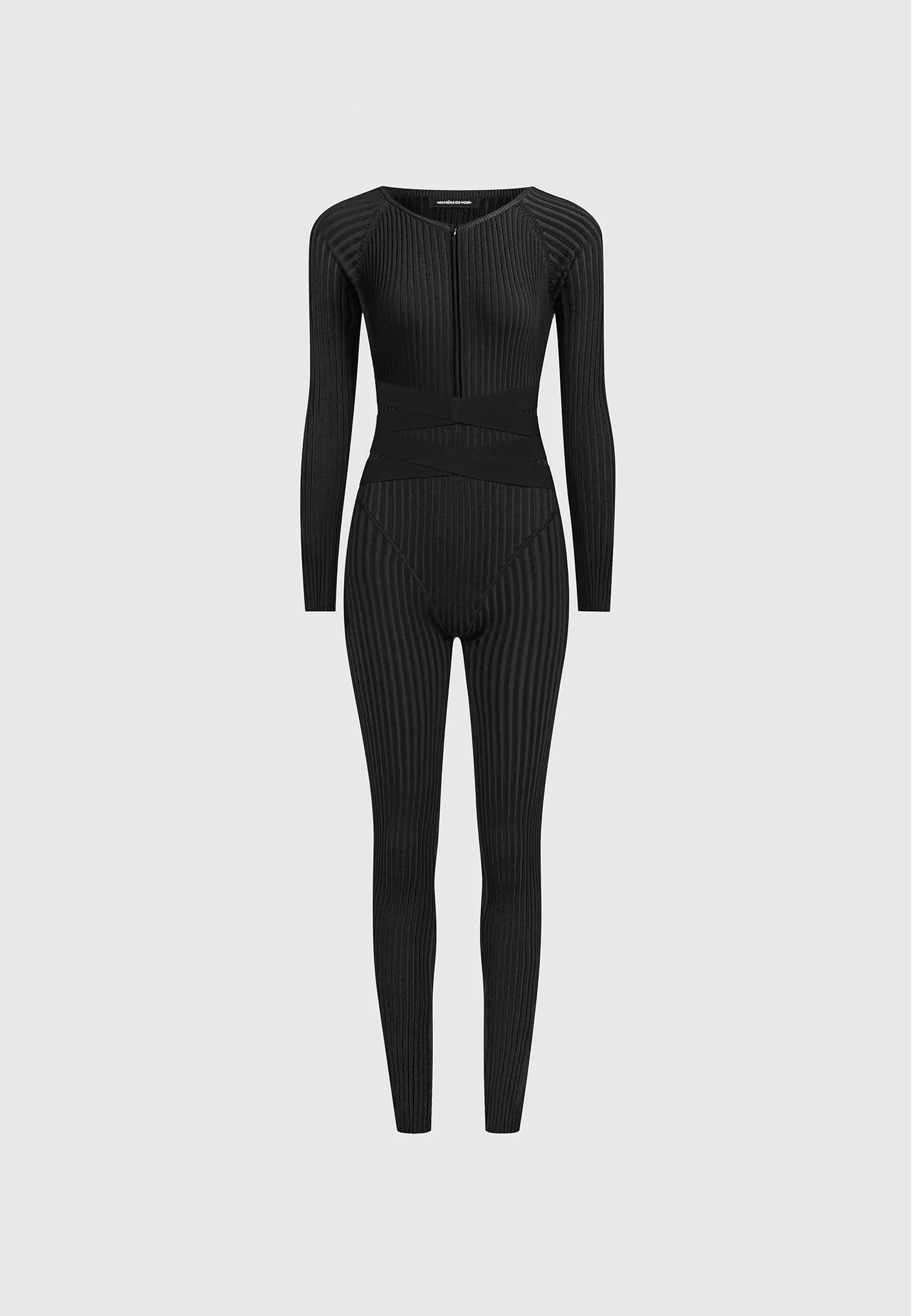 Black Two-Tone Knitted Jumpsuit with Belt - Elegant Sugestion