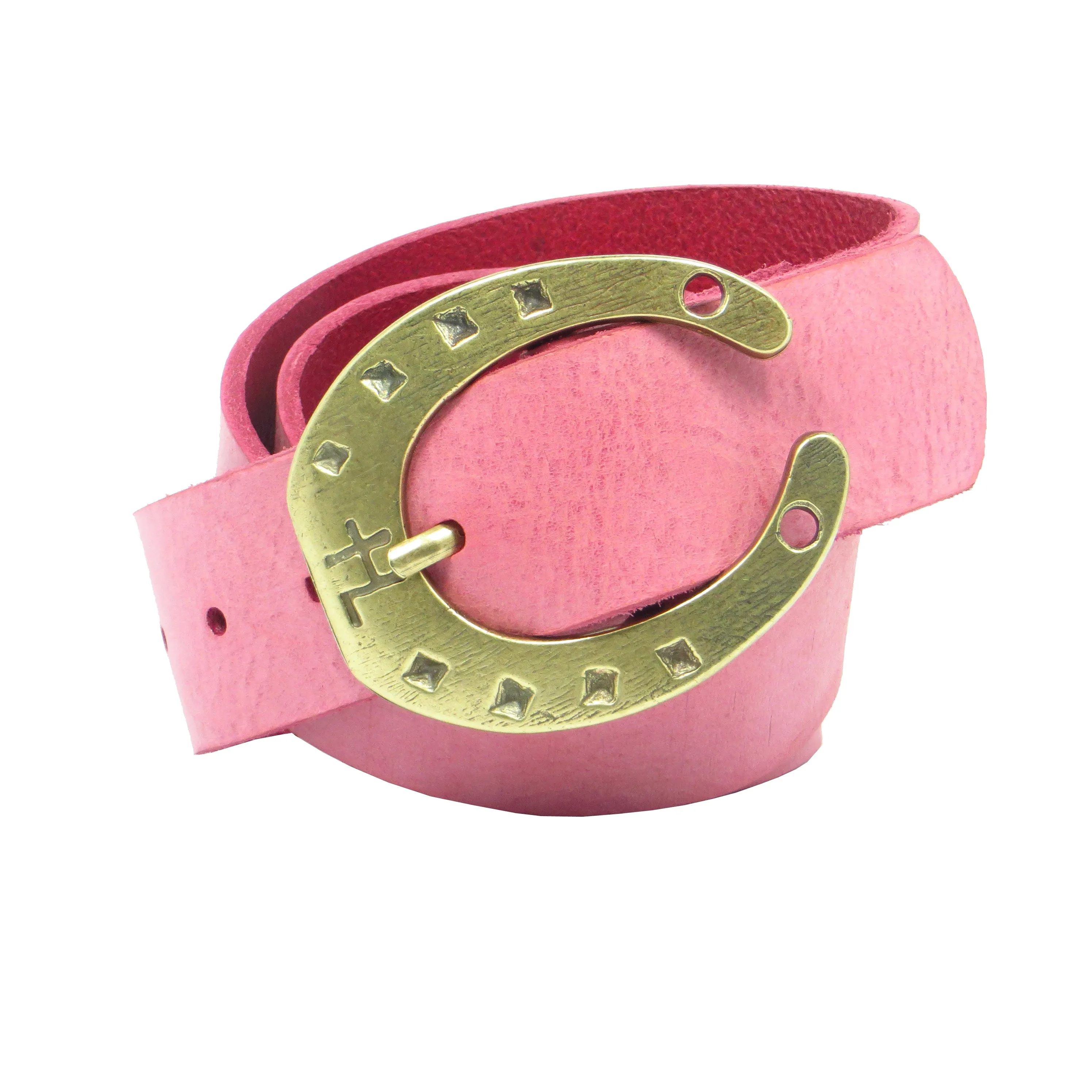 Ledergürtel 4 cm breit pink Rindsleder mit Hufeisenschnalle messing