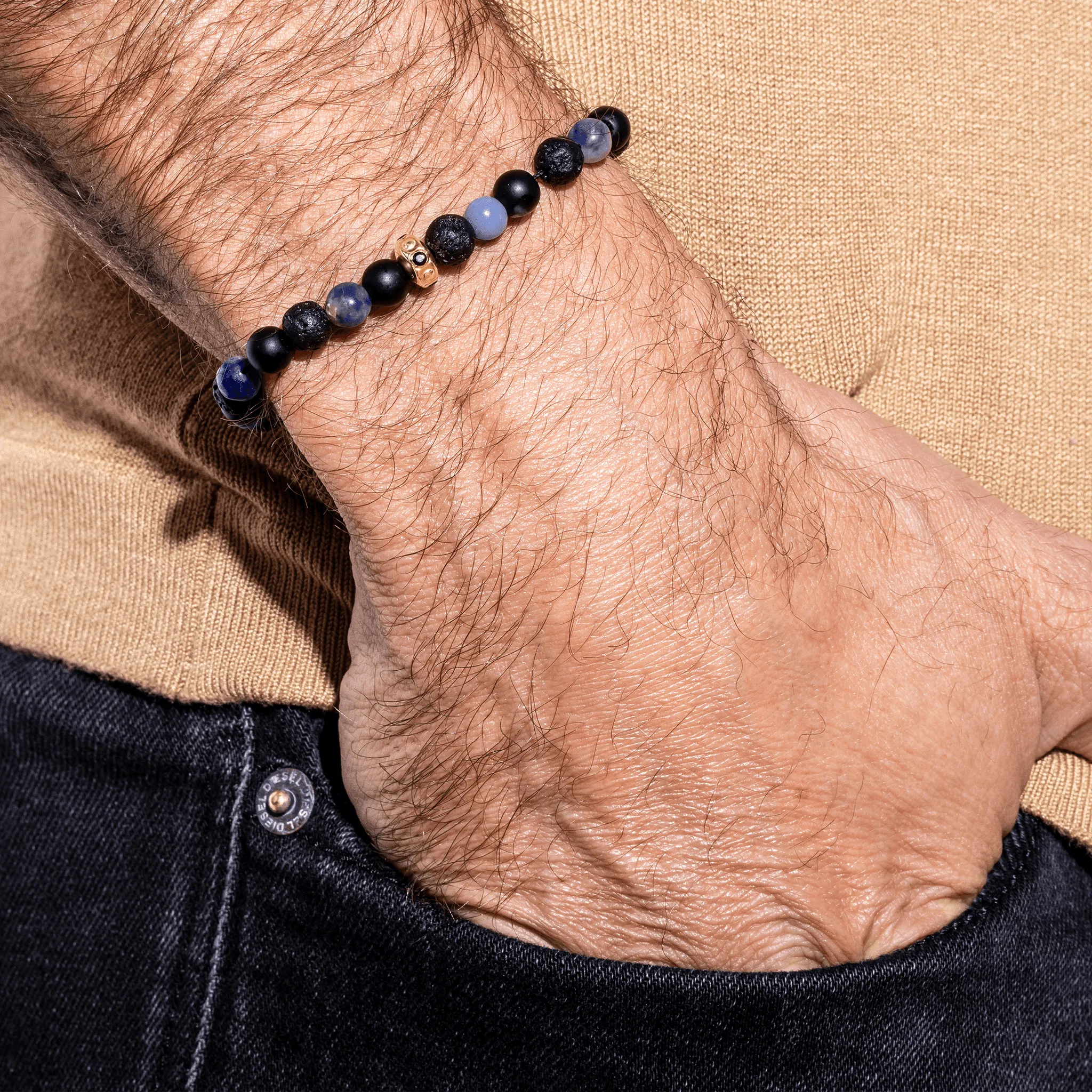 Men's Blue Sodalite & Matte Onyx Bead Bracelet - 14K Yellow Gold