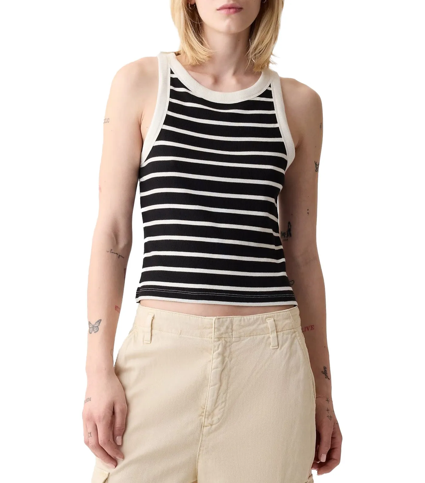 Modern Rib Cropped Halter Top Black White Stripe