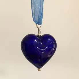 Necklace with dark blue (cobalt) pastel Murano glass large heart pendant on organza ribbon